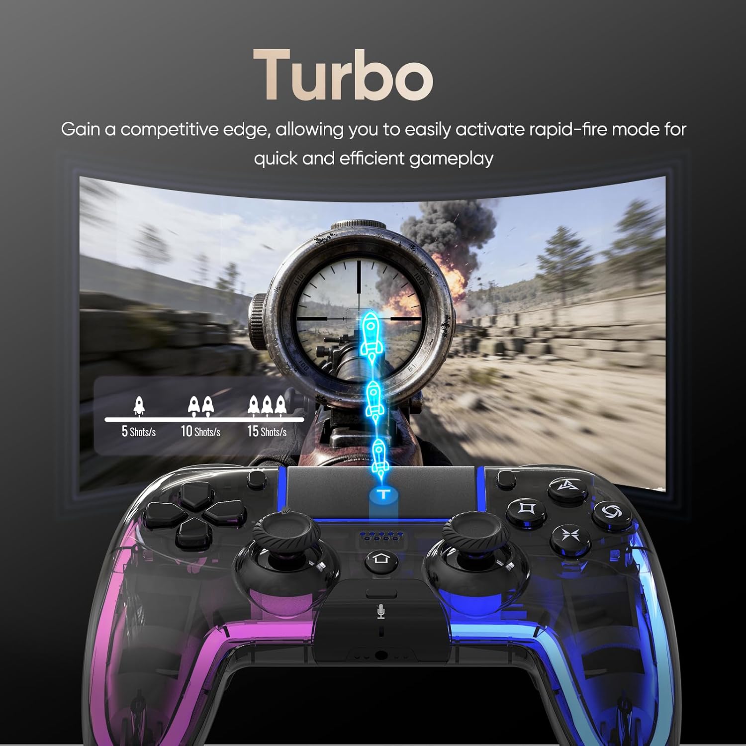CONTROL INALÁMBRICO BETMI PARA PS5 PRO/SLIM/MAC/PC TRANSPARENTE NEGRO - 5