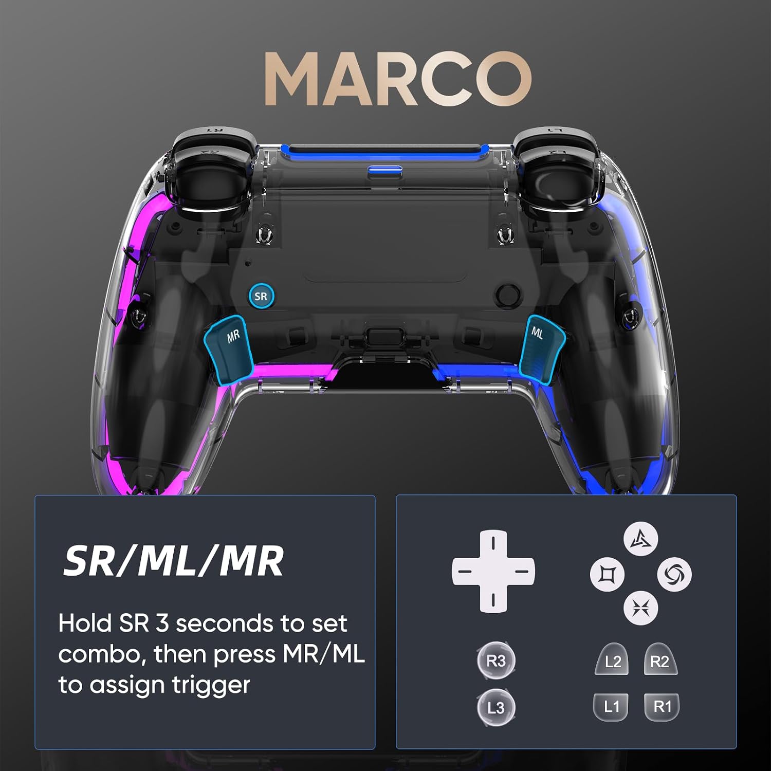 CONTROL INALÁMBRICO BETMI PARA PS5 PRO/SLIM/MAC/STEAM DECK/PC TRANSPARENTE - 4