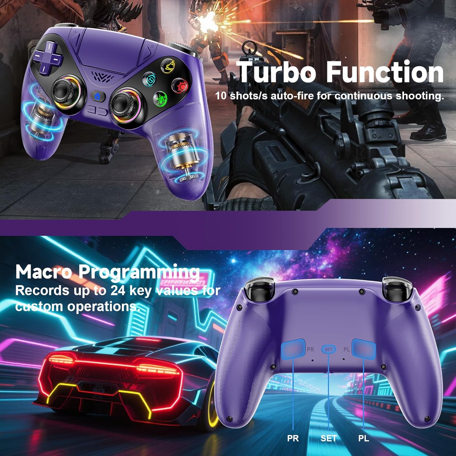 CONTROL INALÁMBRICO LENISUOLE PARA PS5 Y PC, PÚRPURA, BLUETOOTH CON TURBO Y SENSOR DE MOVIMIENTO 6 EJES - 3