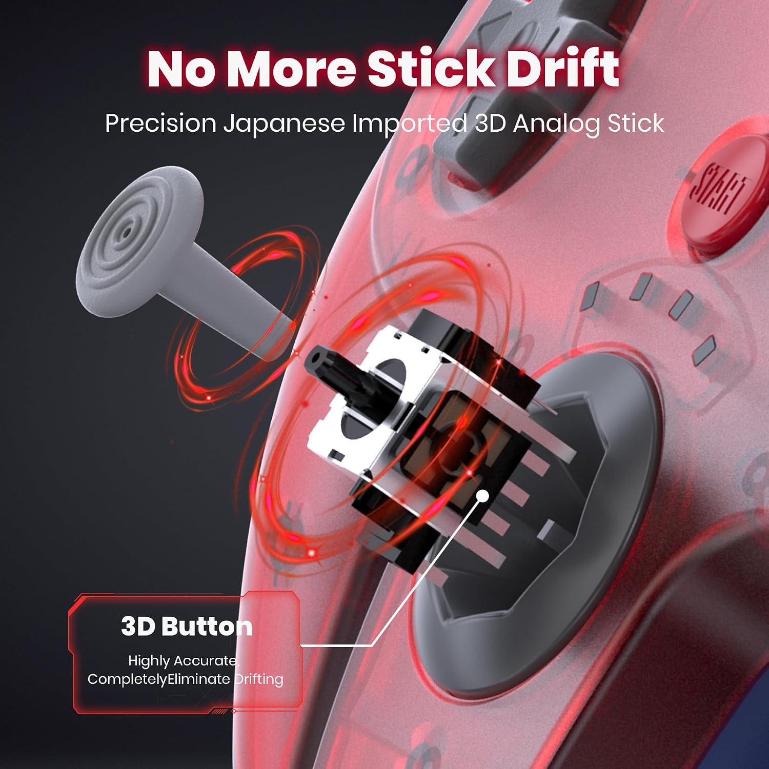 CONTROL INALÁMBRICO 2 PACK SAFFUN PARA SWITCH 1/2 Y CONSOLA N64 ROJO TRANSPARENTE Y NEGRO - 3