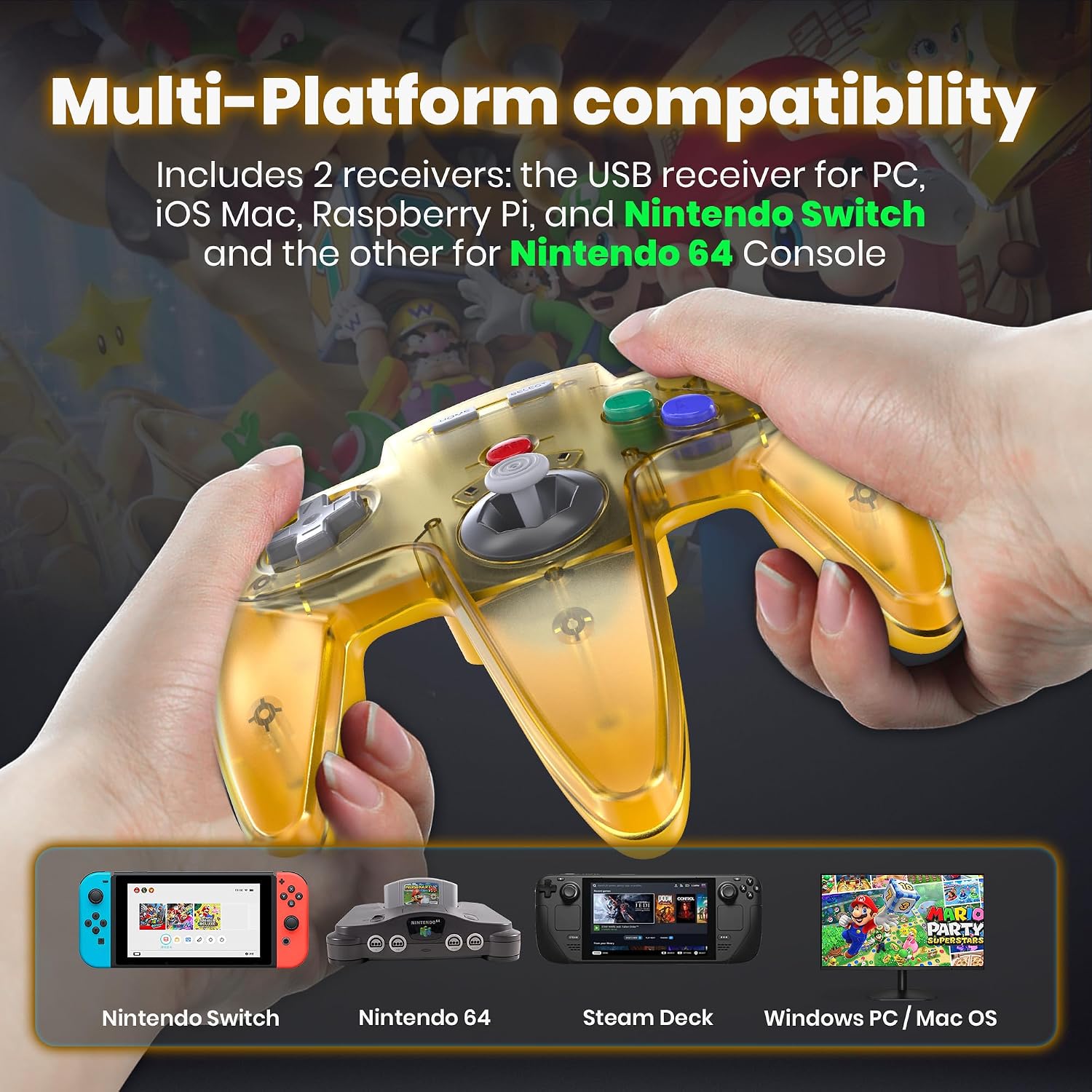 CONTROL INALÁMBRICO 2 PACK PARA SWITCH Y CONSOLA N64 SAFFUN AMARILLO Y NEGRO - 5