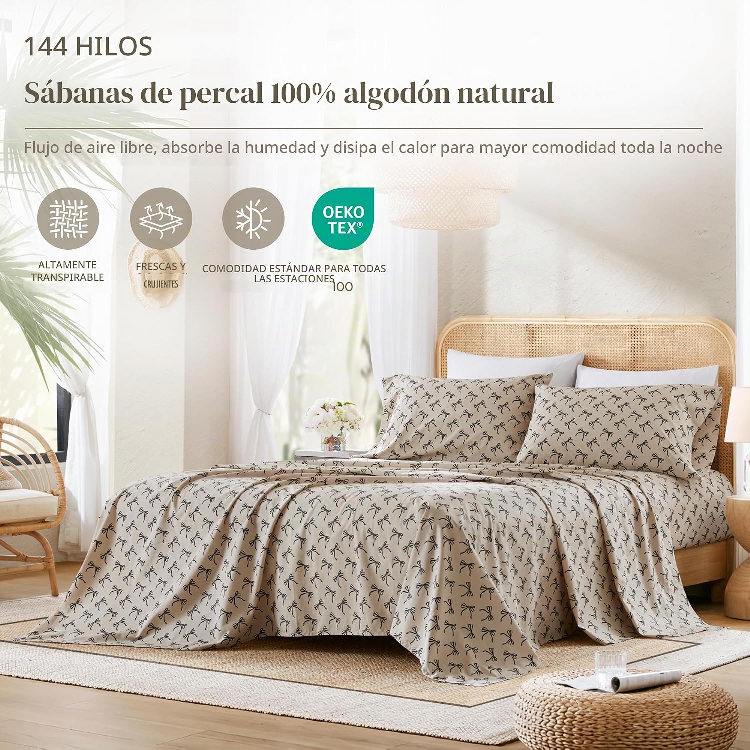 JUEGO DE SÁBANAS COMFORT SPACES PERCALE ALGODÓN 100% QUEEN 4 PIEZAS NEGRO LAZO/TAUPE - 2
