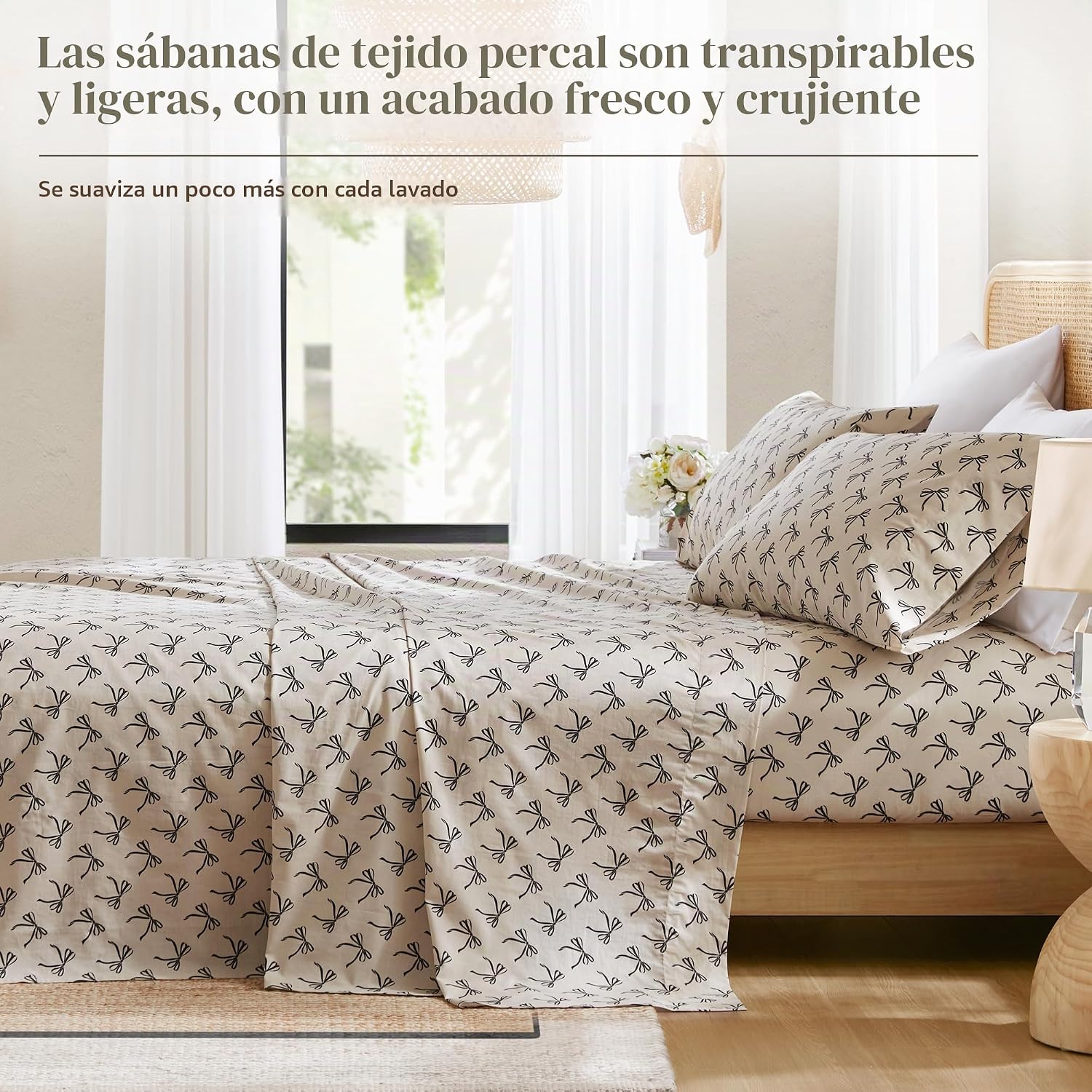 JUEGO DE SÁBANAS COMFORT SPACES PERCALE ALGODÓN 100% QUEEN 4 PIEZAS NEGRO LAZO/TAUPE - 3