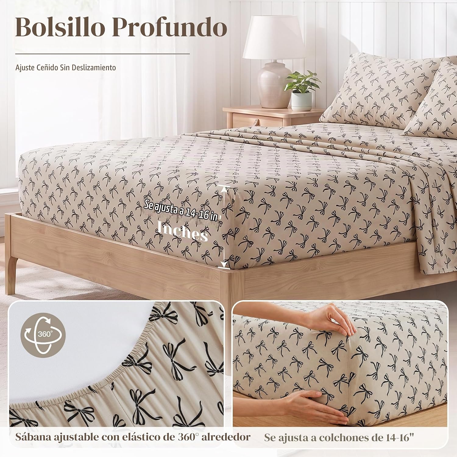 JUEGO DE SÁBANAS COMFORT SPACES PERCALE ALGODÓN 100% QUEEN 4 PIEZAS NEGRO LAZO/TAUPE - 5