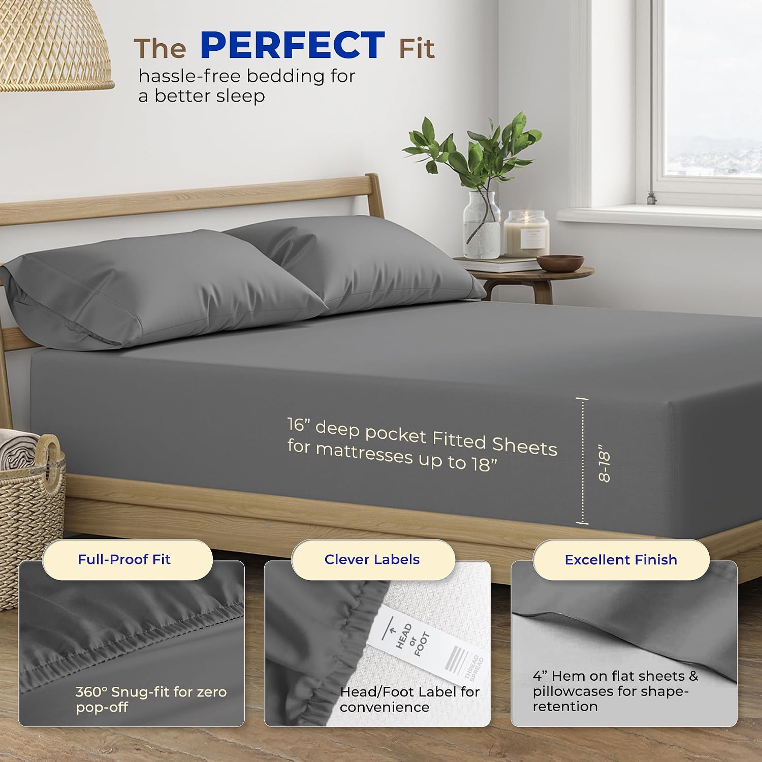JUEGO DE SÁBANAS THREAD SPREAD EGYPTIAN COTTON KING SIZE 4 PIEZAS GRIS OSCURO - 4