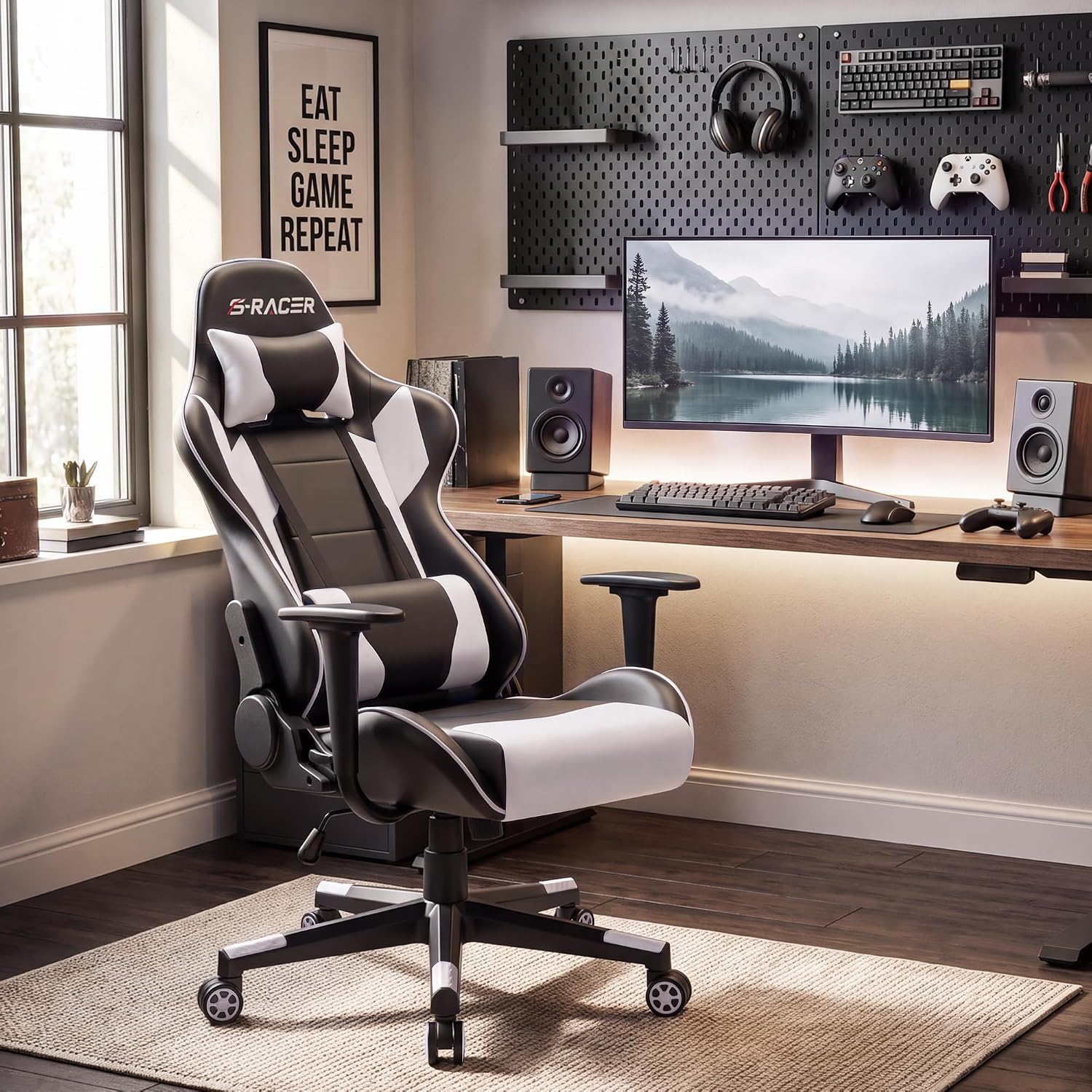 SILLA DE OFICINA HOMALL GAMING ERGONÓMICA CUERO SINTÉTICO RESPALDO ALTO BLANCA - 2