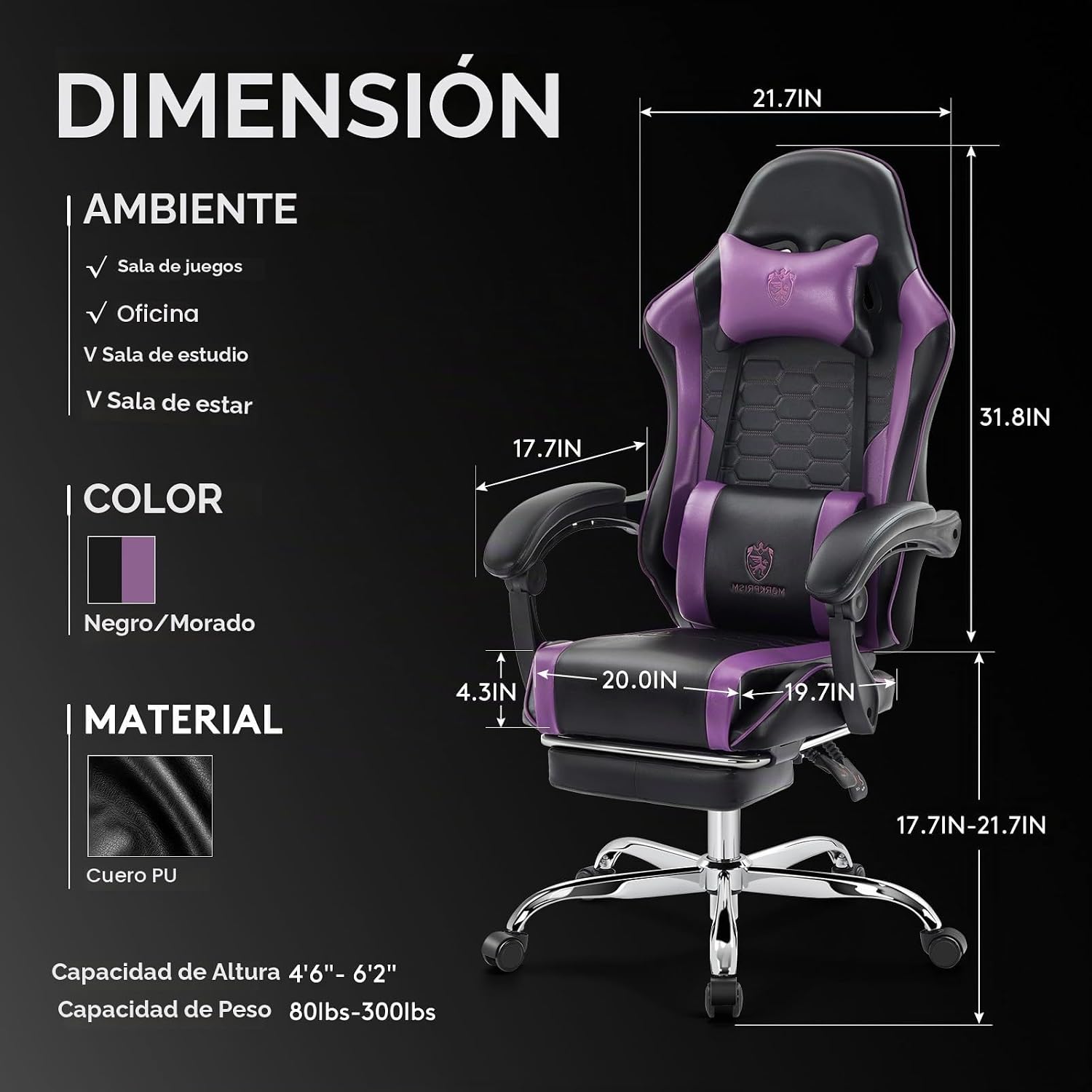 SILLA DE OFICINA MORKPRISM GAMING CON MASAJE Y GEL, PÚRPURA - 3