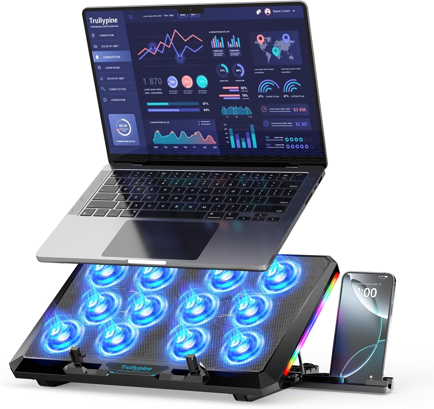 BASE DE ENFRIAMIENTO PARA LAPTOP TRULLYPINE F12 CON 12 VENTILADORES SILENCIOSOS Y SOPORTE AJUSTABLE PARA LAPTOPS DE 12 A 17.3 - 1