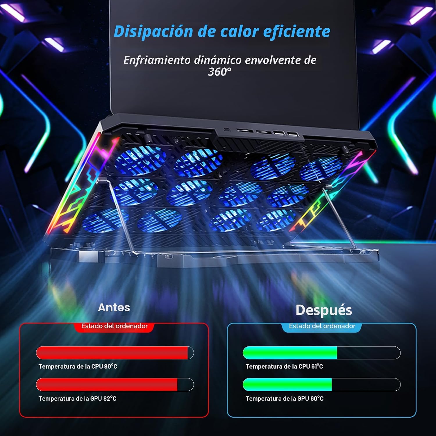 BASE DE ENFRIAMIENTO PARA LAPTOP TRULLYPINE F12 CON 12 VENTILADORES SILENCIOSOS Y SOPORTE AJUSTABLE PARA LAPTOPS DE 12 A 17.3 - 2
