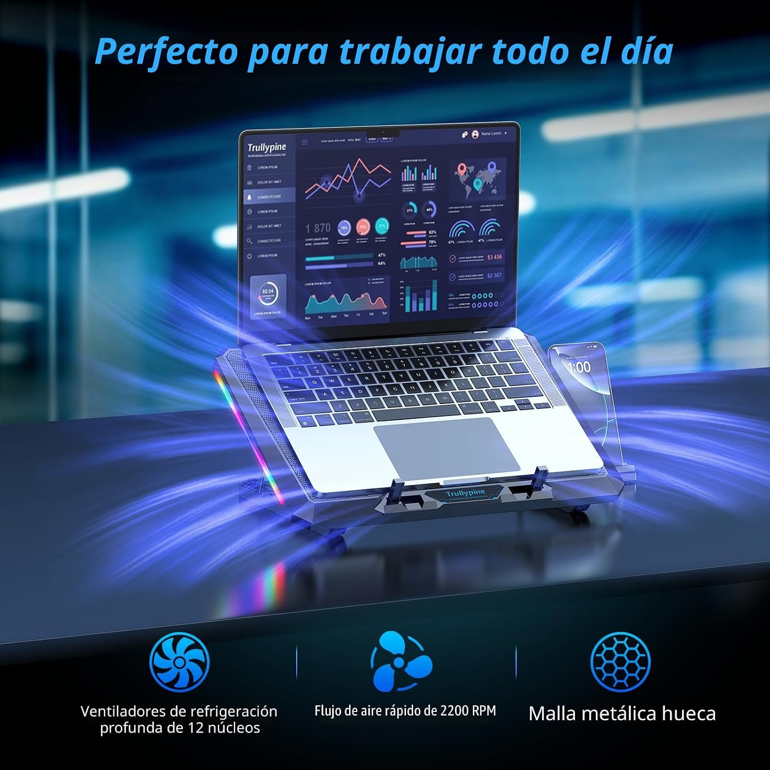 BASE DE ENFRIAMIENTO PARA LAPTOP TRULLYPINE F12 CON 12 VENTILADORES SILENCIOSOS Y SOPORTE AJUSTABLE PARA LAPTOPS DE 12 A 17.3 - 3