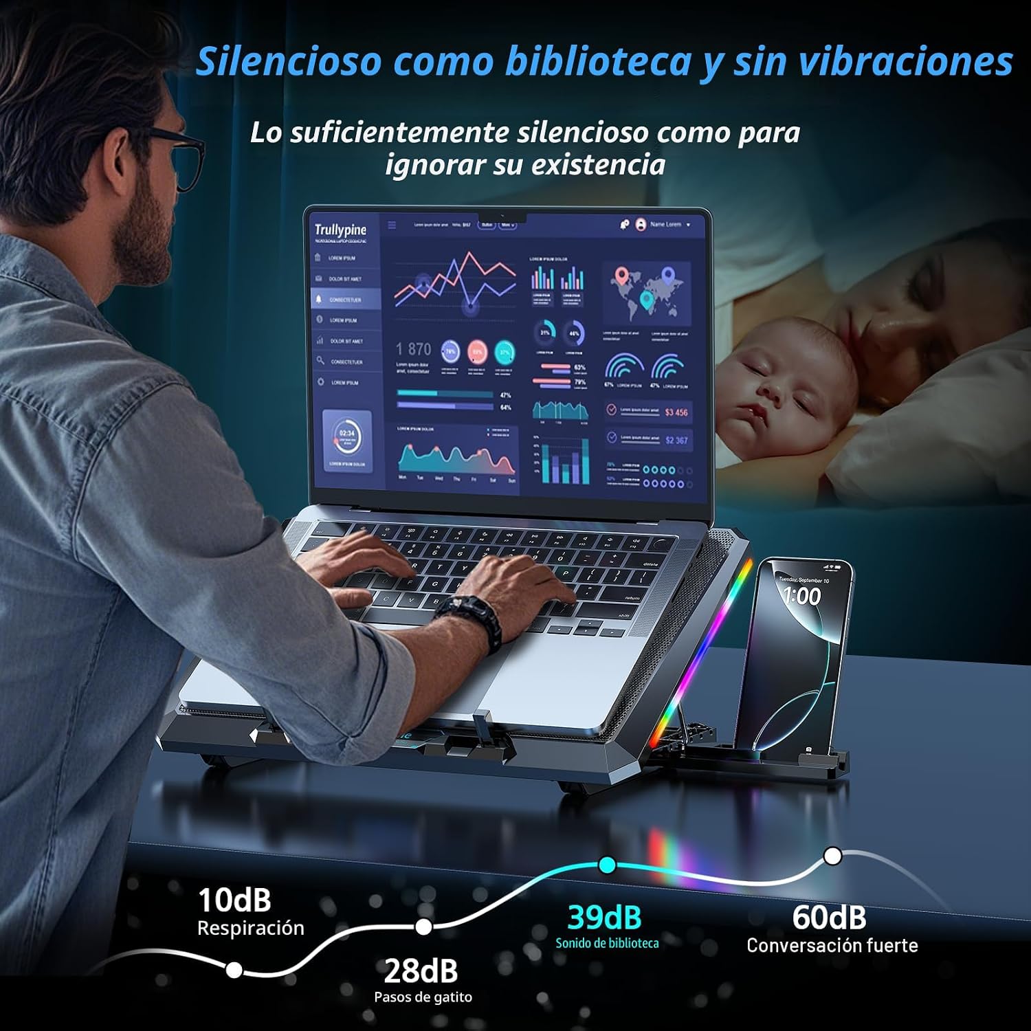 BASE DE ENFRIAMIENTO PARA LAPTOP TRULLYPINE F12 CON 12 VENTILADORES SILENCIOSOS Y SOPORTE AJUSTABLE PARA LAPTOPS DE 12 A 17.3 - 4