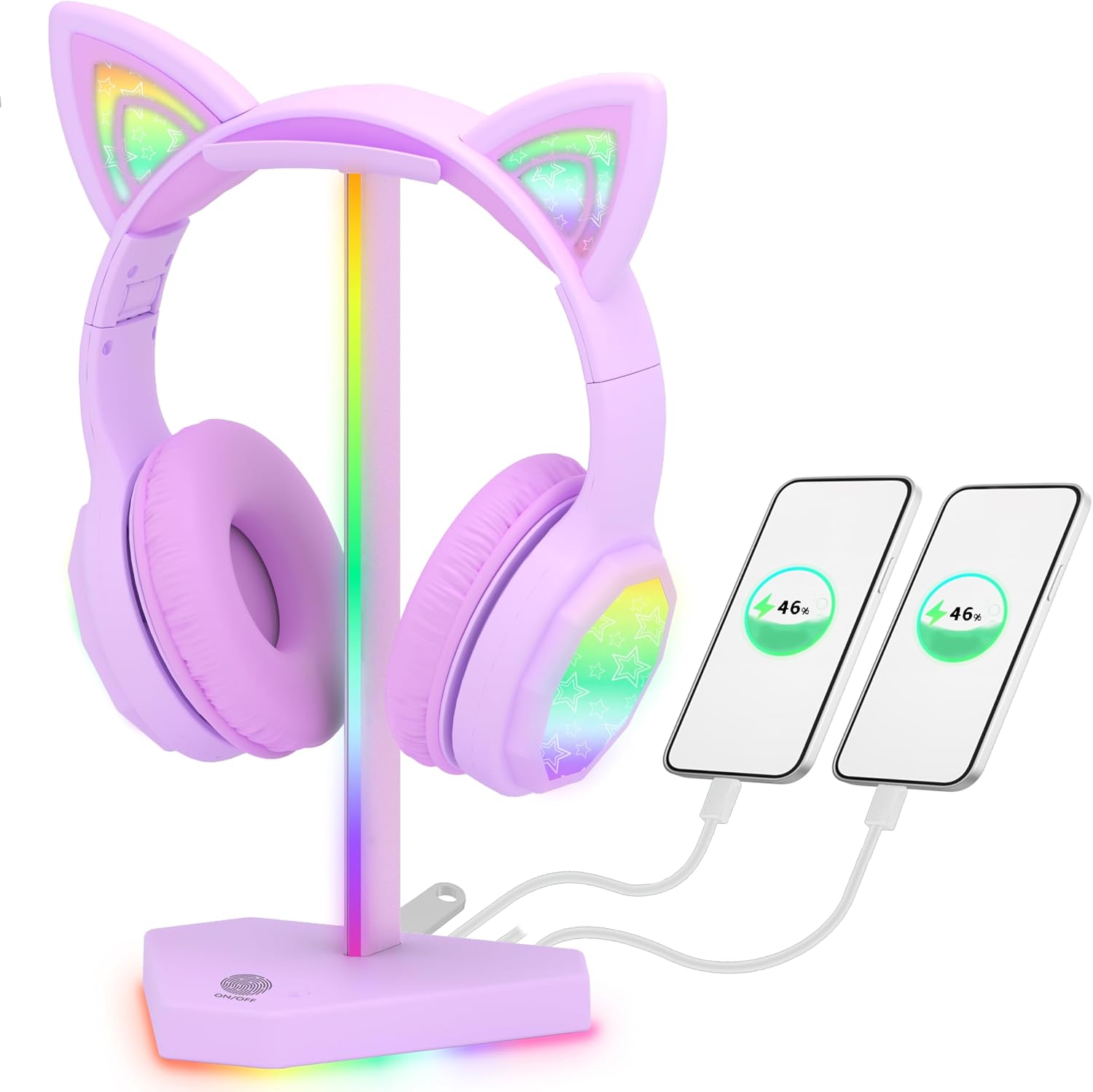 SOPORTE PARA AUDÍFONOS CHARLXEE RGB CON PUERTOS USB-C Y TYPE-C MORADO - 1