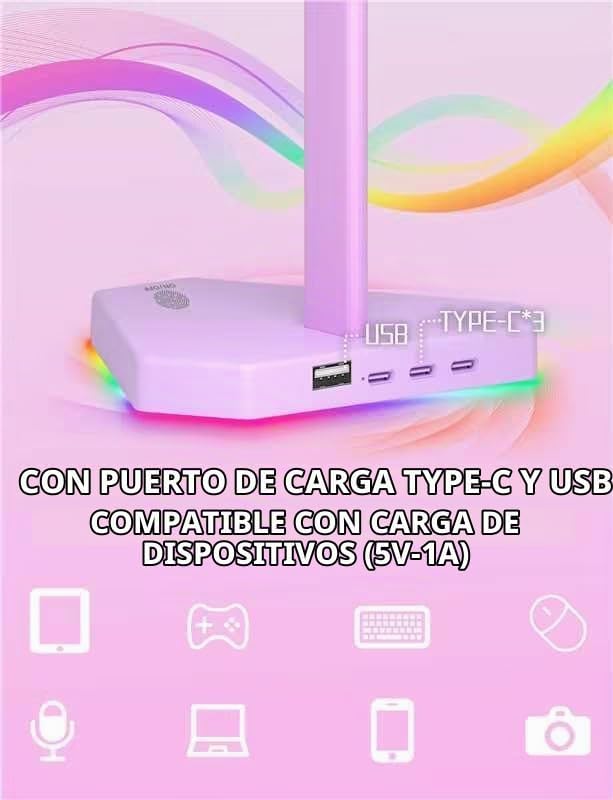 SOPORTE PARA AUDÍFONOS CHARLXEE RGB CON PUERTOS USB-C Y TYPE-C MORADO - 2