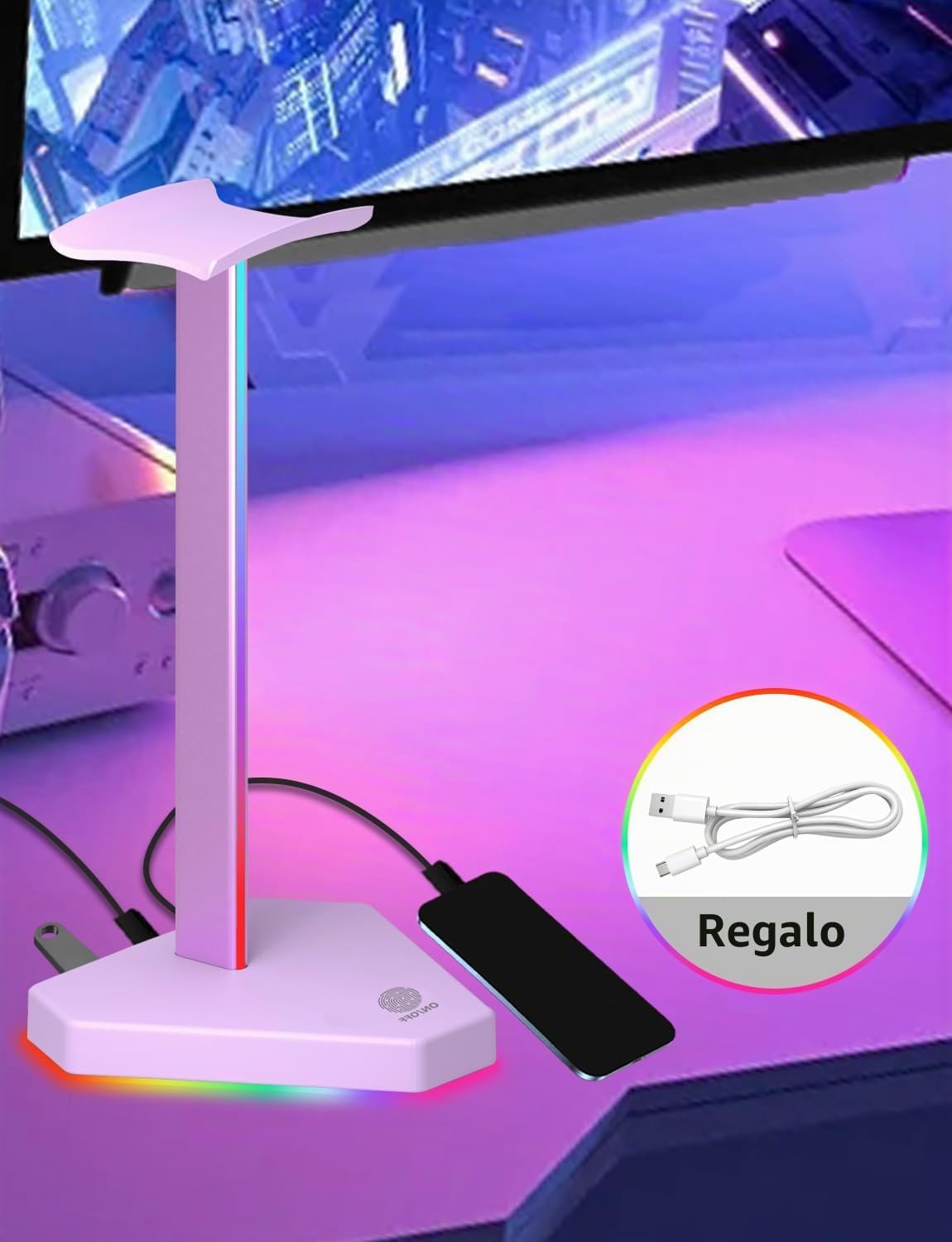 SOPORTE PARA AUDÍFONOS CHARLXEE RGB CON PUERTOS USB-C Y TYPE-C MORADO - 4