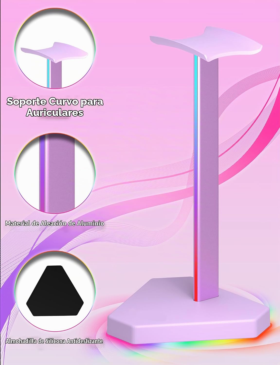 SOPORTE PARA AUDÍFONOS CHARLXEE RGB CON PUERTOS USB-C Y TYPE-C MORADO - 5