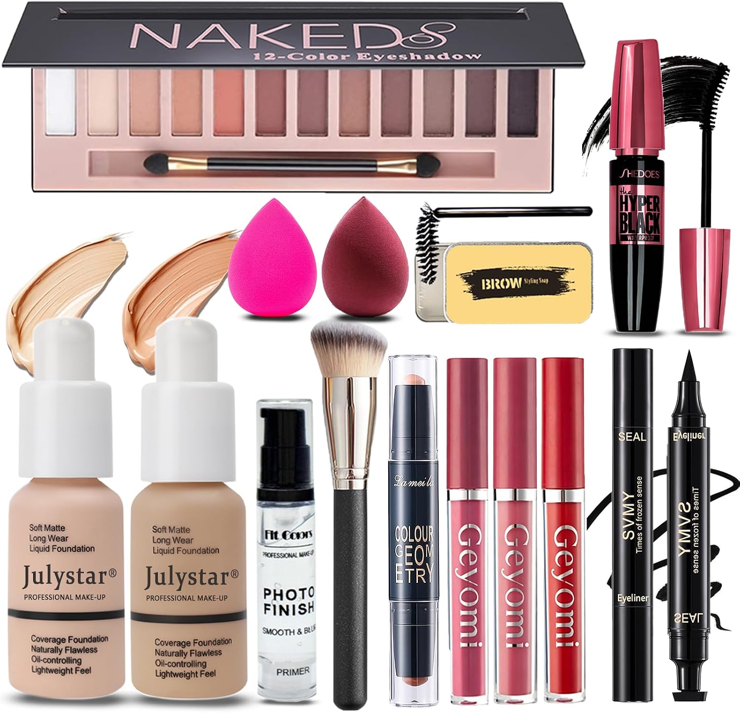 SET DE MAQUILLAJE GEYOMI ALL IN ONE KIT 12 COLORES SOMBRA, BASE, PRIMER, LABIALES, DELINEADOR, MÁSCARA, CONTORNO, CEJAS, BROCHA Y - 1