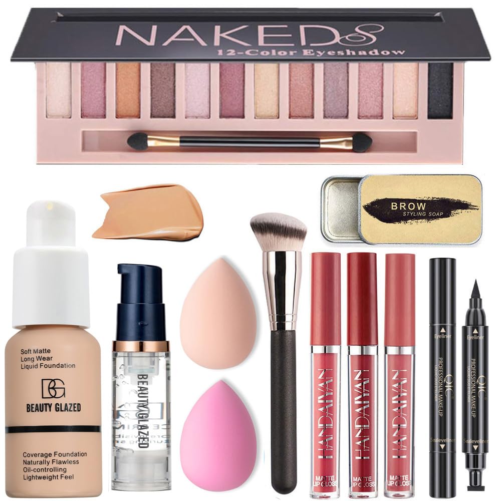 SET DE MAQUILLAJE BAISEN DIARY ALL IN ONE CON PALETA DE 12 SOMBRAS, BASE BEIGE, LABIALES LÍQUIDOS, PRIMER, JABÓN PARA CEJAS - 1