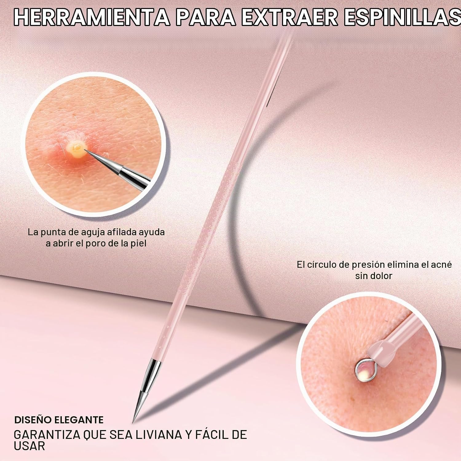 EXTRACTOR DE ESPINILLAS TEENITOR 2 EN 1 ACERO INOXIDABLE ROSA - 3