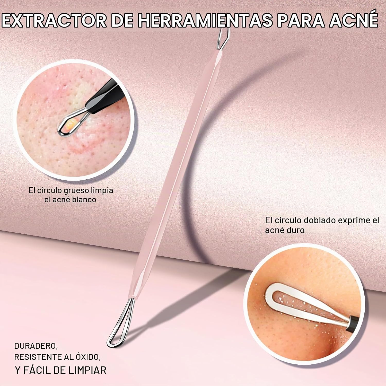 EXTRACTOR DE ESPINILLAS TEENITOR 2 EN 1 ACERO INOXIDABLE ROSA - 4