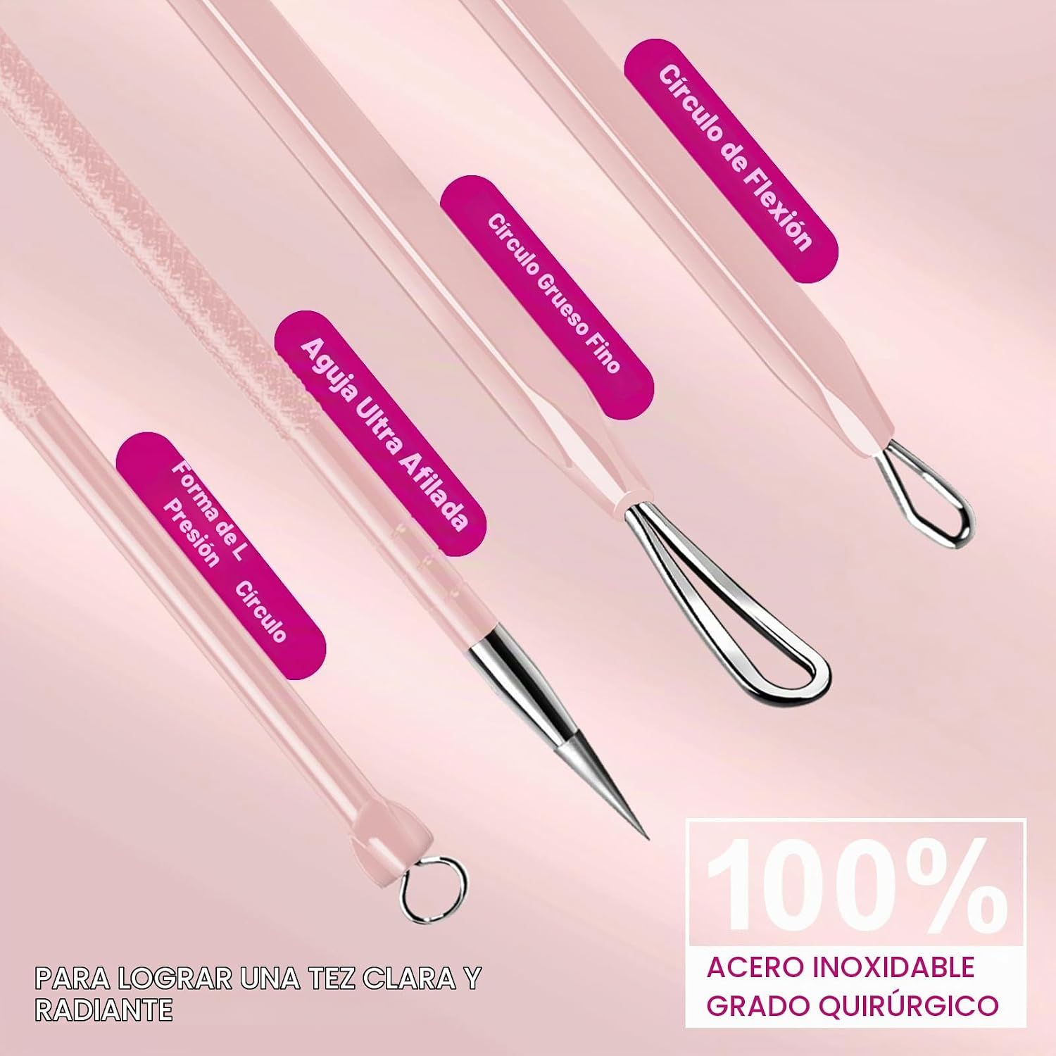 EXTRACTOR DE ESPINILLAS TEENITOR 2 EN 1 ACERO INOXIDABLE ROSA - 5