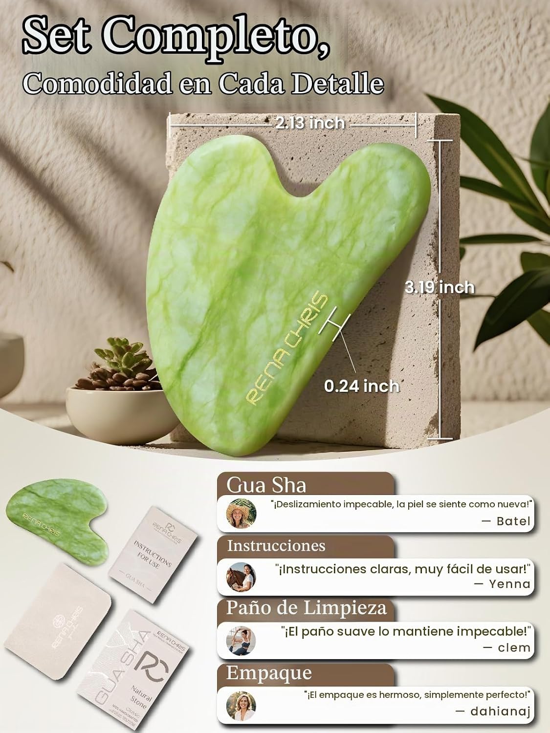 HERRAMIENTA FACIAL GUA SHA RENA CHRIS PIEDRA DE JADE NATURAL MENTA - 2
