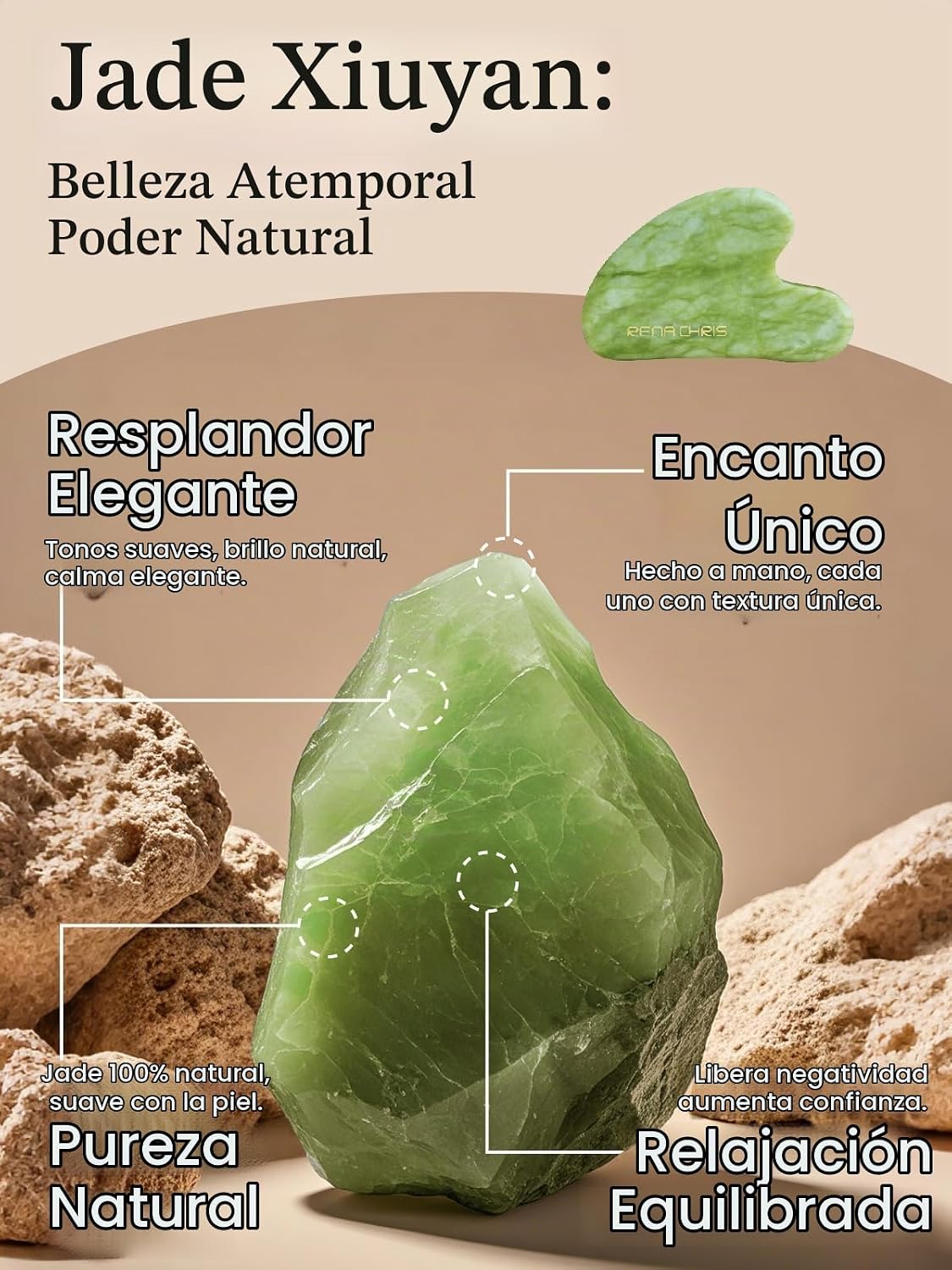 HERRAMIENTA FACIAL GUA SHA RENA CHRIS PIEDRA DE JADE NATURAL MENTA - 3