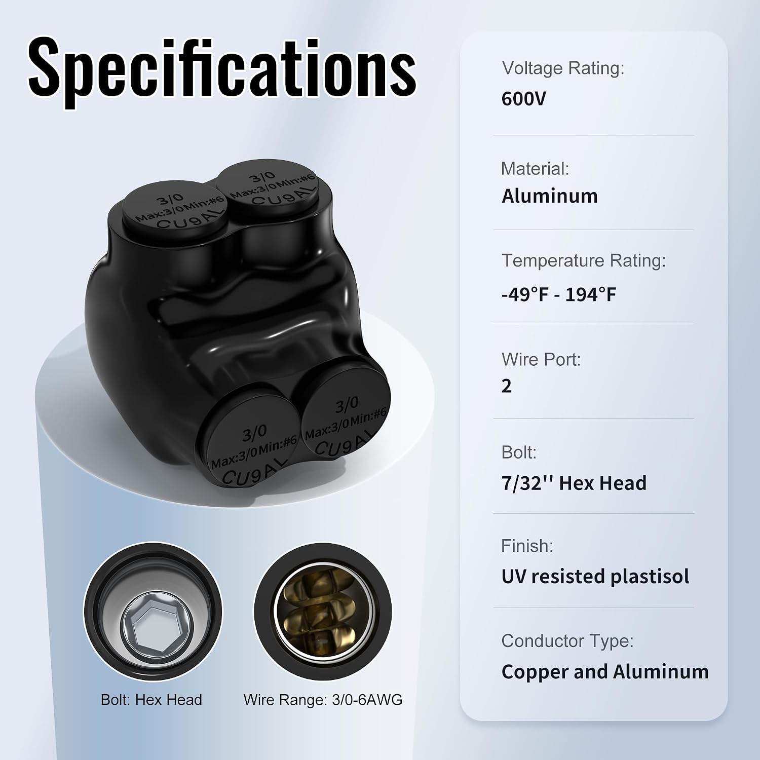 CONECTOR ELÉCTRICO AISLADO DE 2 PUERTOS RVBOATPAT 3/0-6 AWG NEGRO PAQUETE 6 UNIDADES - 2