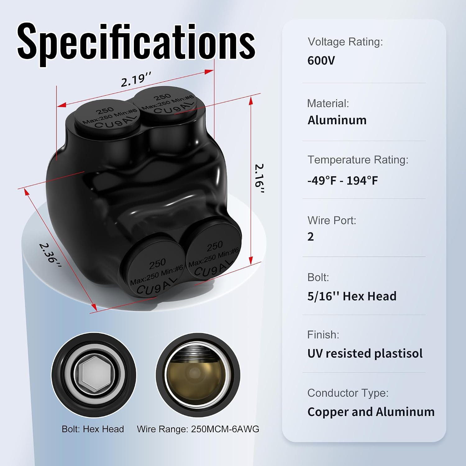 CONECTOR ELÉCTRICO AISLADO RVBOATPAT 2 PUERTOS 250MCM-6AWG ALUMINIO 6 UNIDADES - 2