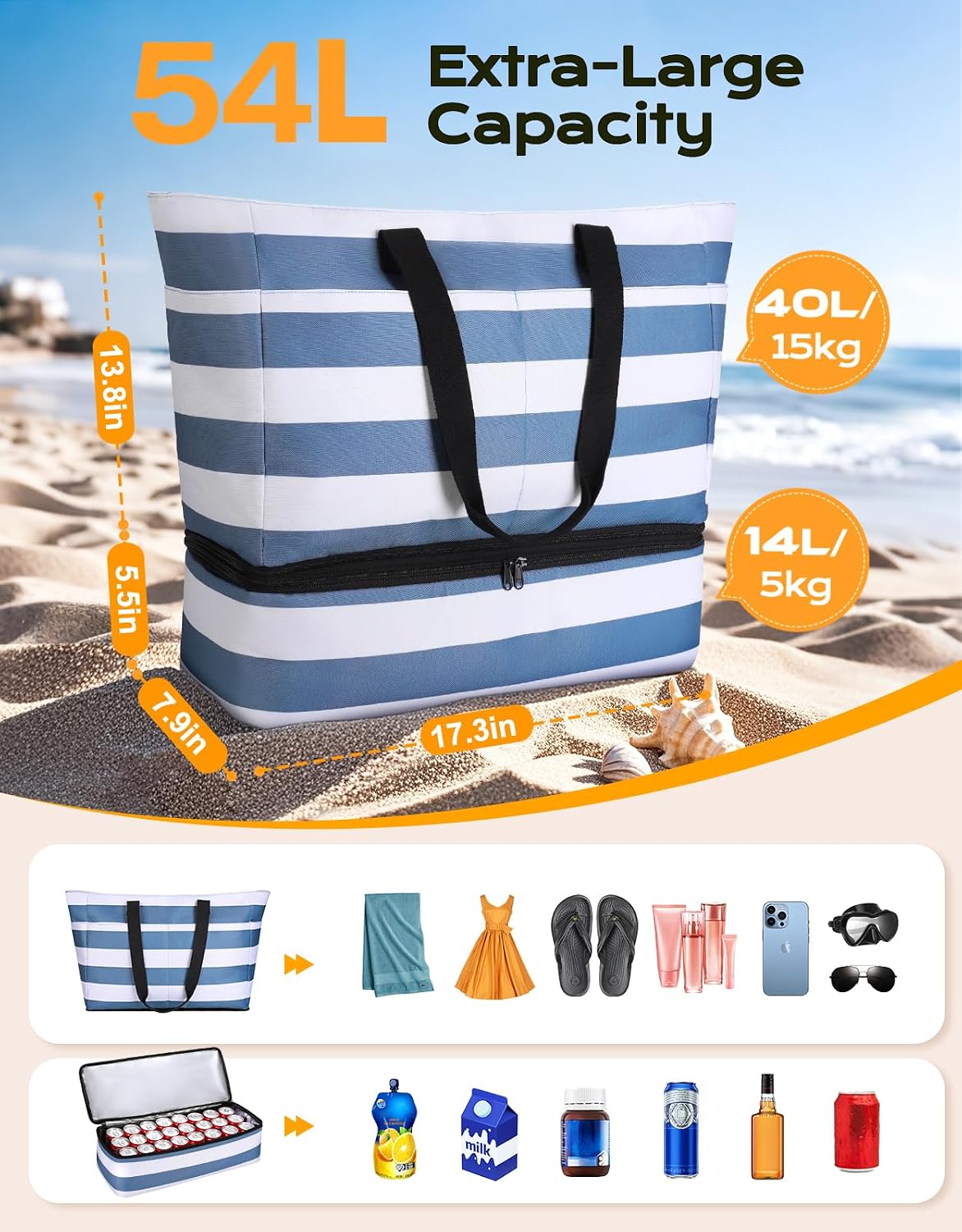 BOLSO DE PLAYA VEWACI 54L CON COOLER DESMONTABLE AZUL - 3
