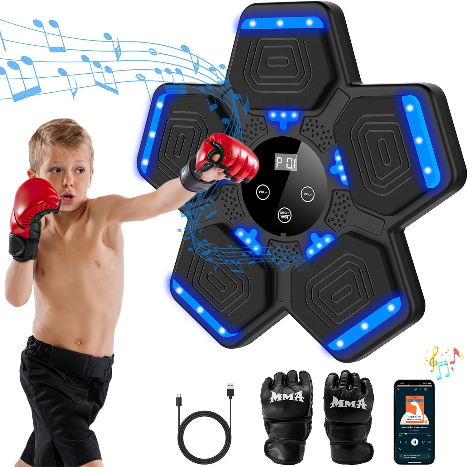 MÁQUINA DE BOXEO MUSICAL LOLBOX CON BLUETOOTH Y GUANTES PARA MONTAJE EN PARED - 1