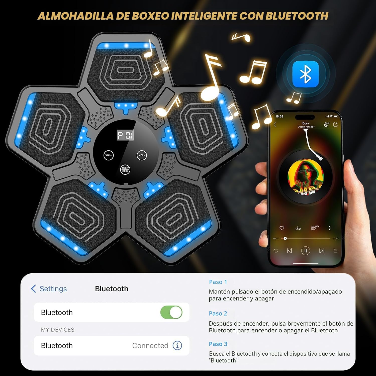 MÁQUINA DE BOXEO MUSICAL LOLBOX CON BLUETOOTH Y GUANTES PARA MONTAJE EN PARED - 4