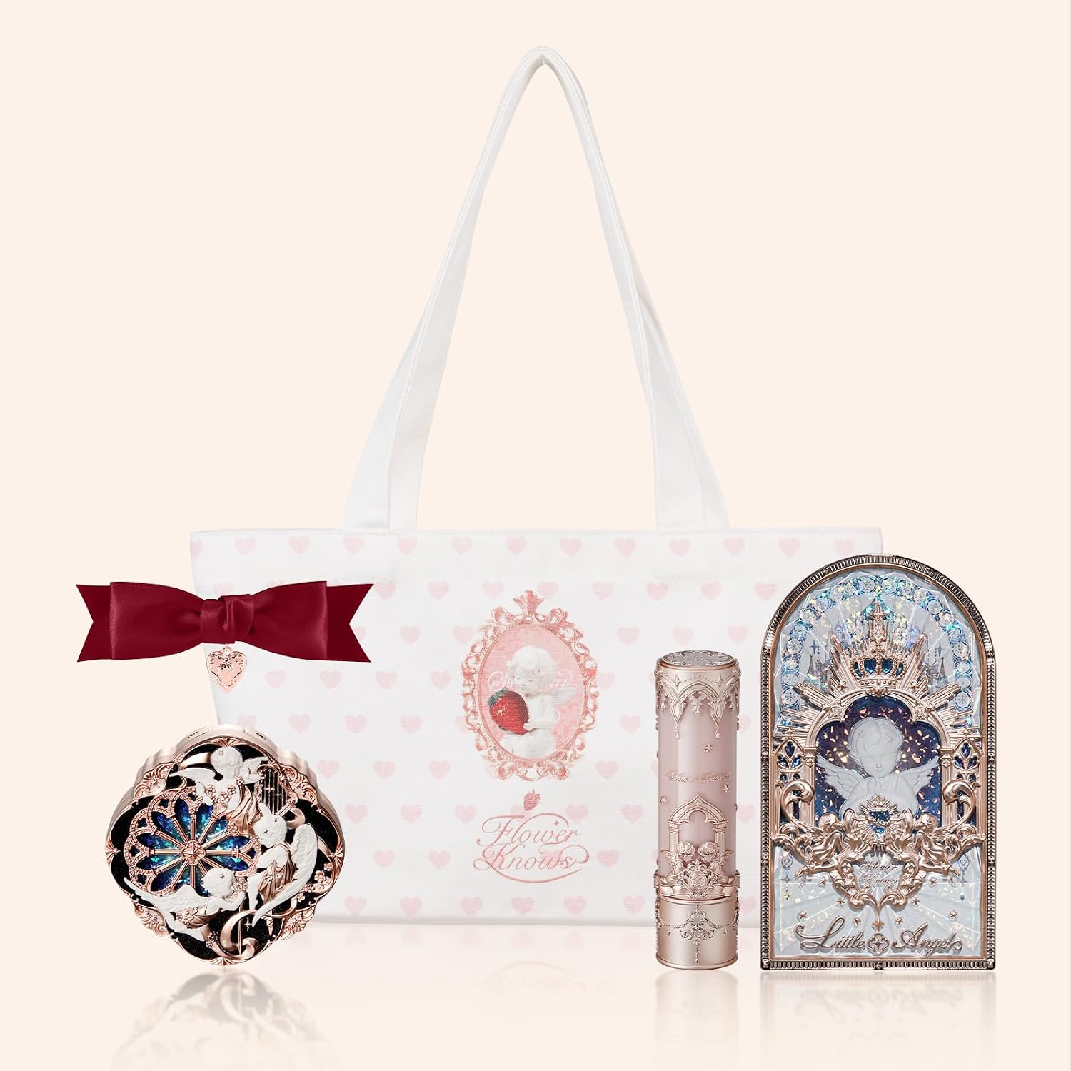 SET DE MAQUILLAJE FLOWER KNOWS LITTLE ANGEL 5 PIEZAS CON LABIAL MATE C04, RUBOR CREMA 04, PALETA DE SOMBRAS 01, BOLSA DE LONA Y - 1