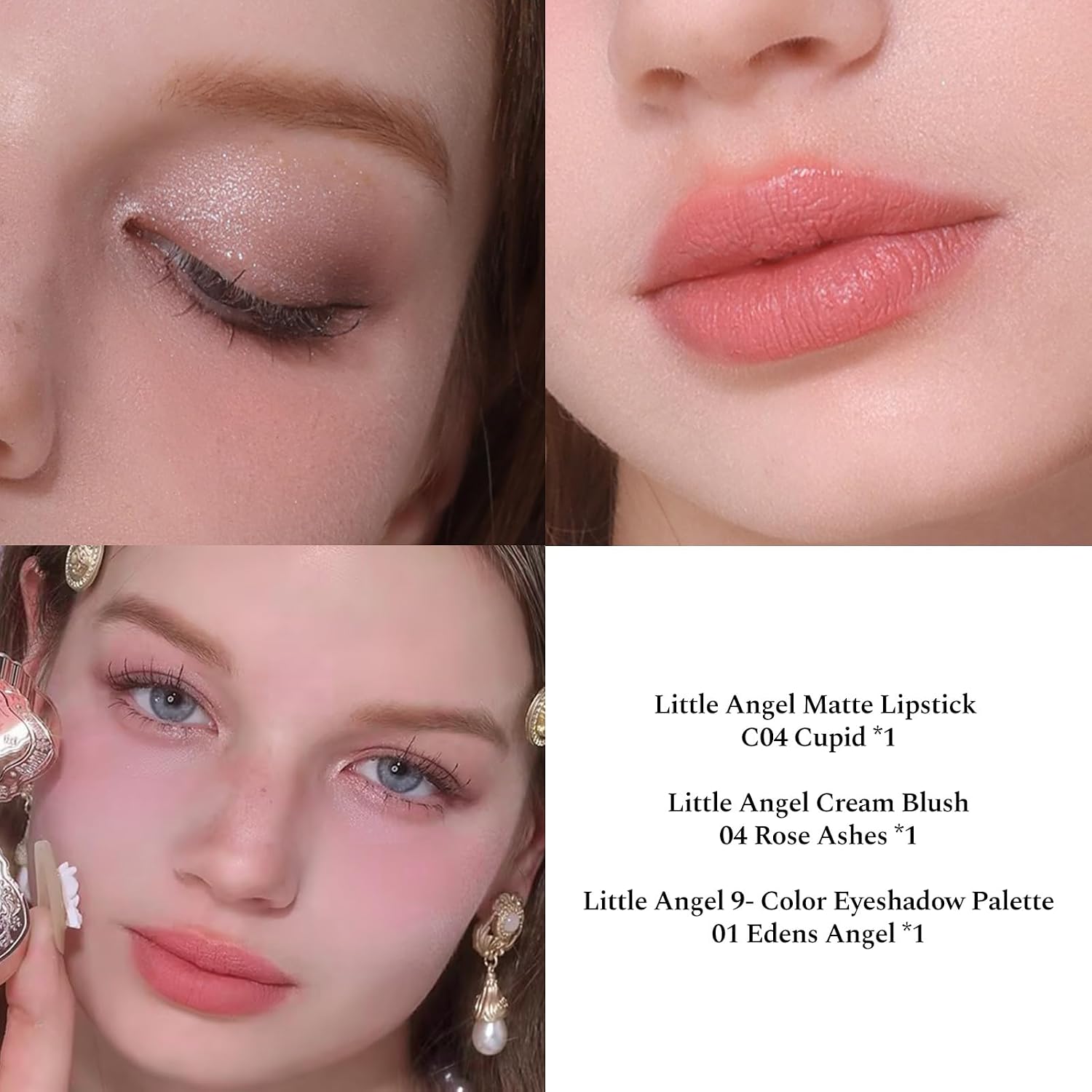 SET DE MAQUILLAJE FLOWER KNOWS LITTLE ANGEL 5 PIEZAS CON LABIAL MATE C04, RUBOR CREMA 04, PALETA DE SOMBRAS 01, BOLSA DE LONA Y - 3