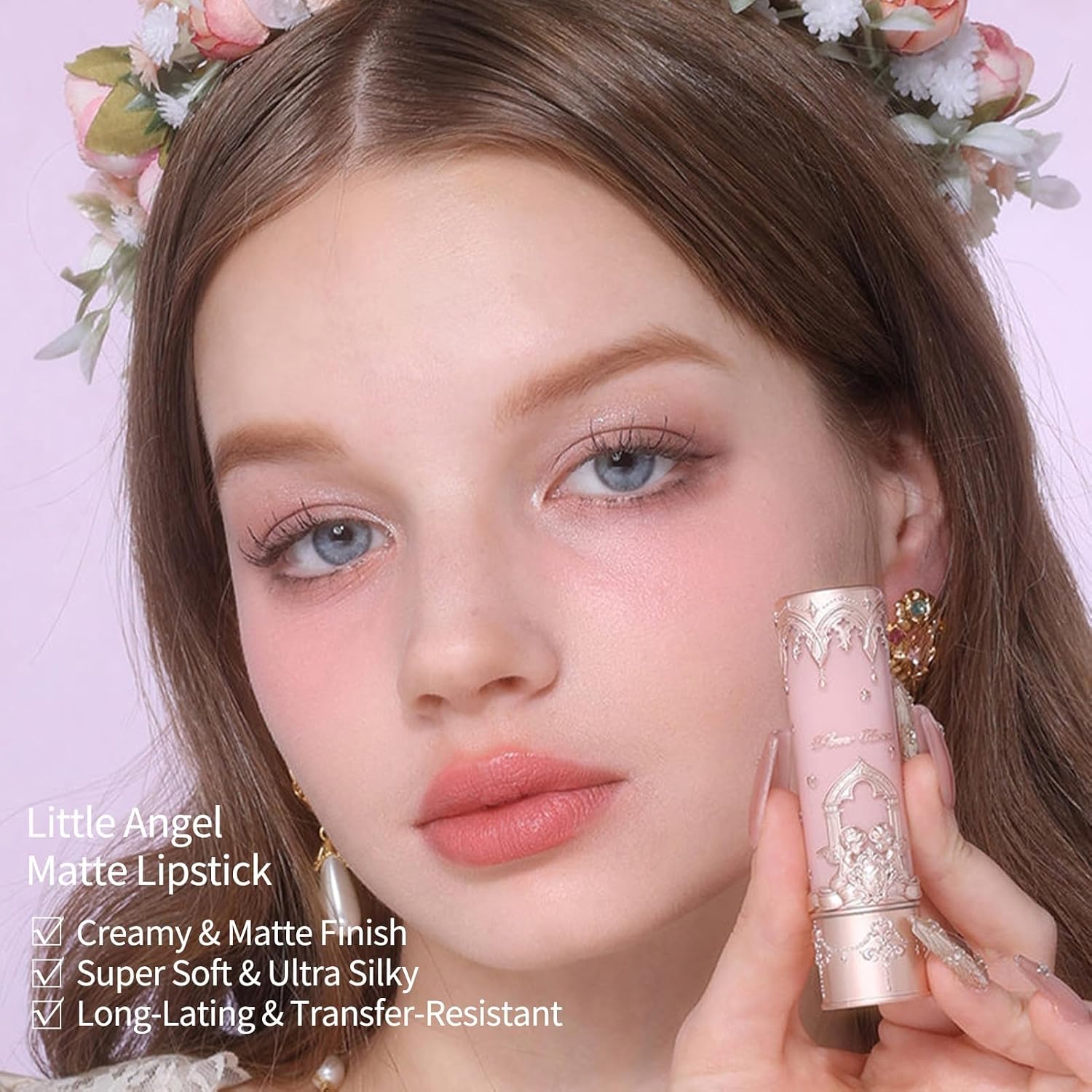SET DE MAQUILLAJE FLOWER KNOWS LITTLE ANGEL 5 PIEZAS CON LABIAL MATE C04, RUBOR CREMA 04, PALETA DE SOMBRAS 01, BOLSA DE LONA Y - 5