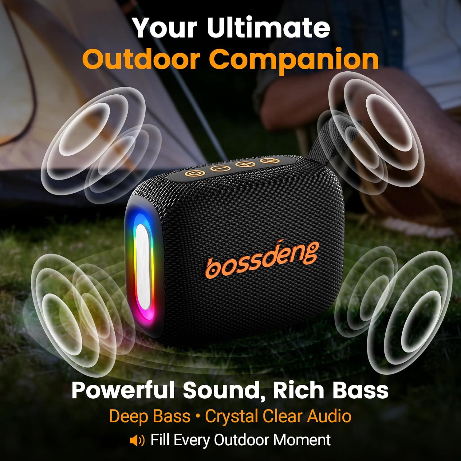 PARLANTE PORTÁTIL BLUETOOTH BOSSDENG IMPERMEABLE CON LUCES Y CORDÓN NEGRO - 2
