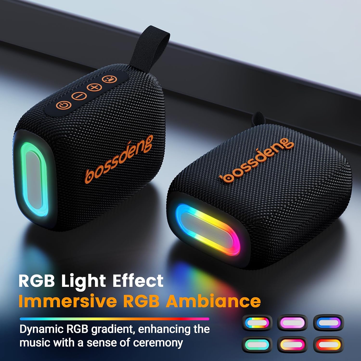 PARLANTE PORTÁTIL BLUETOOTH BOSSDENG IMPERMEABLE CON LUCES Y CORDÓN NEGRO - 3
