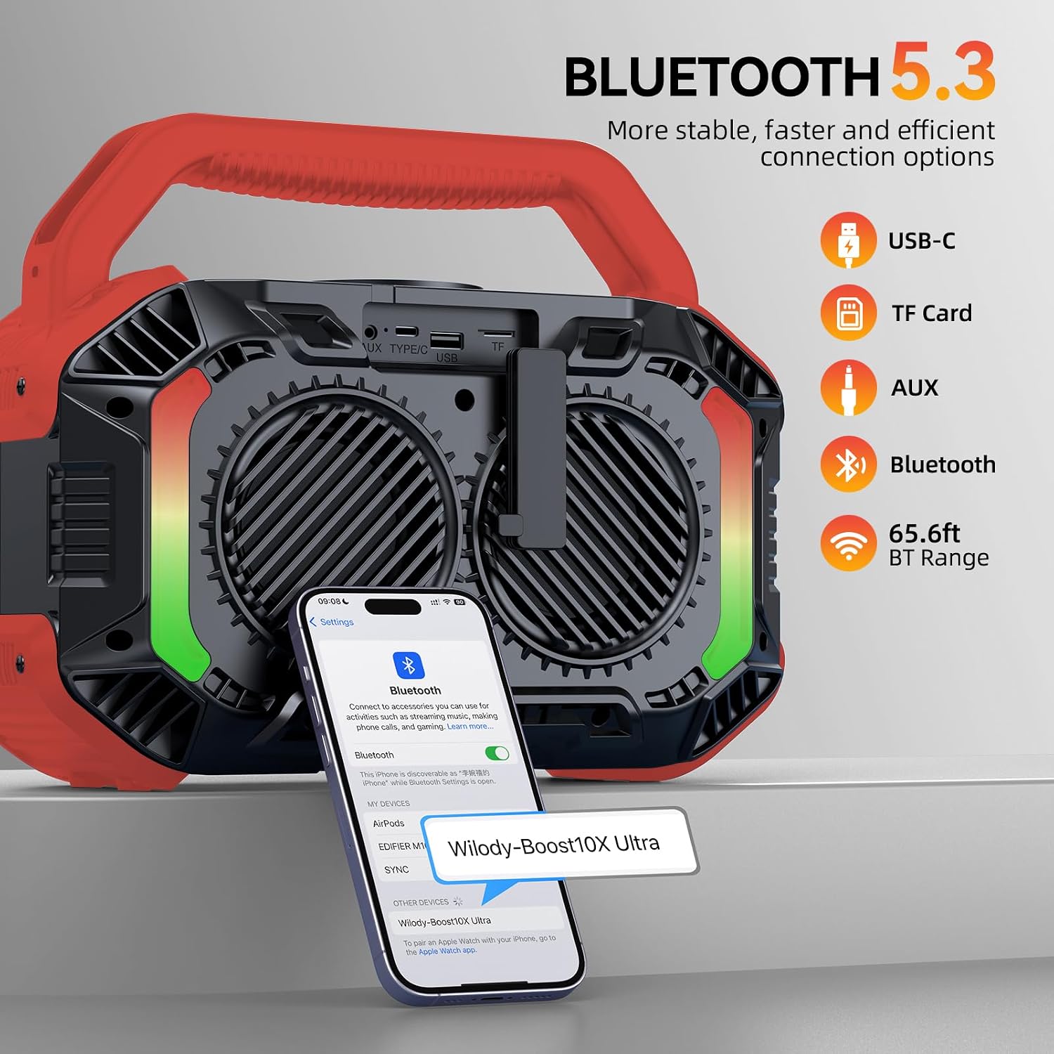 PARLANTE PORTÁTIL BLUETOOTH WILODY 100W IPX7 RESISTENTE AL AGUA Y FLOTANTE ROJO CARMESÍ - 3