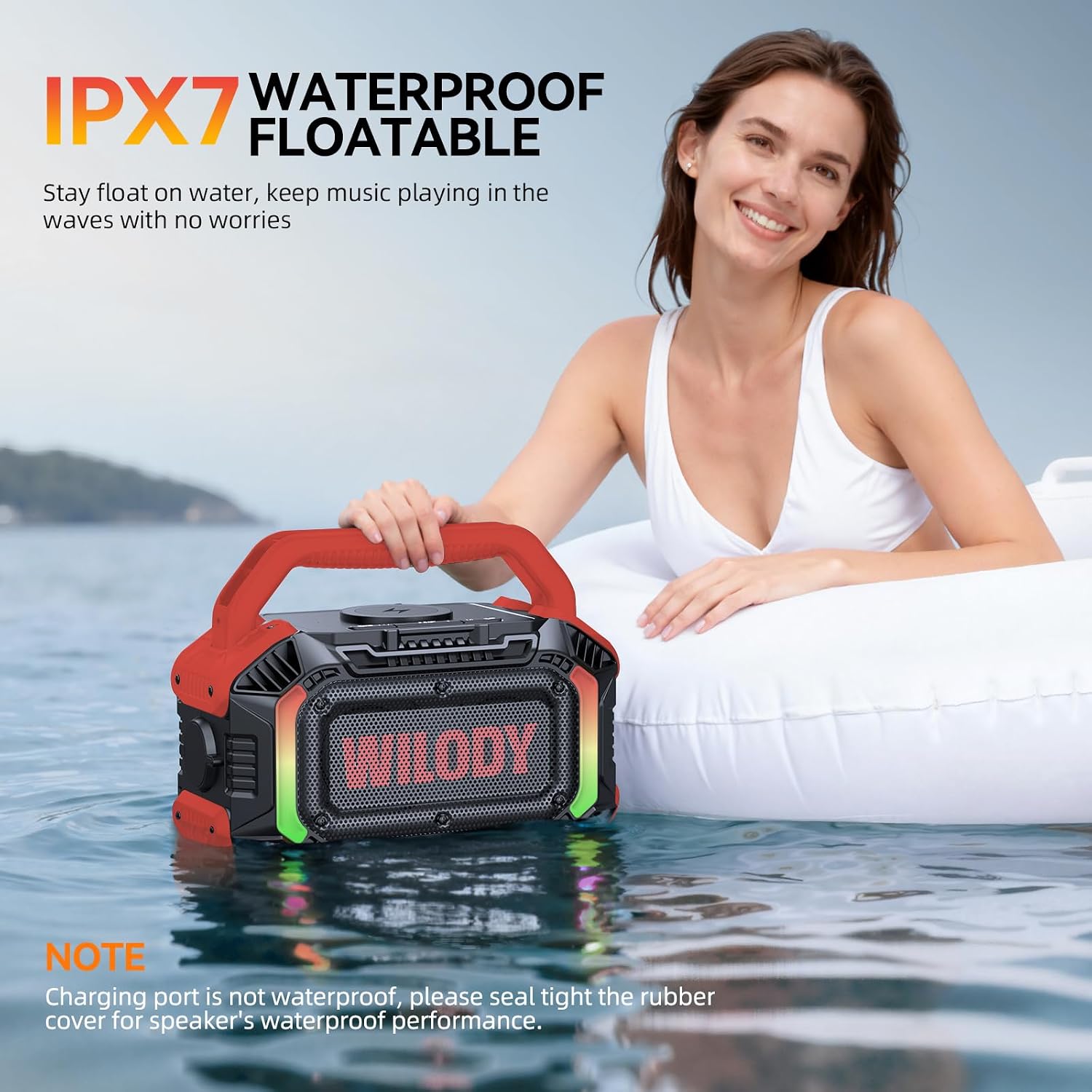 PARLANTE PORTÁTIL BLUETOOTH WILODY 100W IPX7 RESISTENTE AL AGUA Y FLOTANTE ROJO CARMESÍ - 4