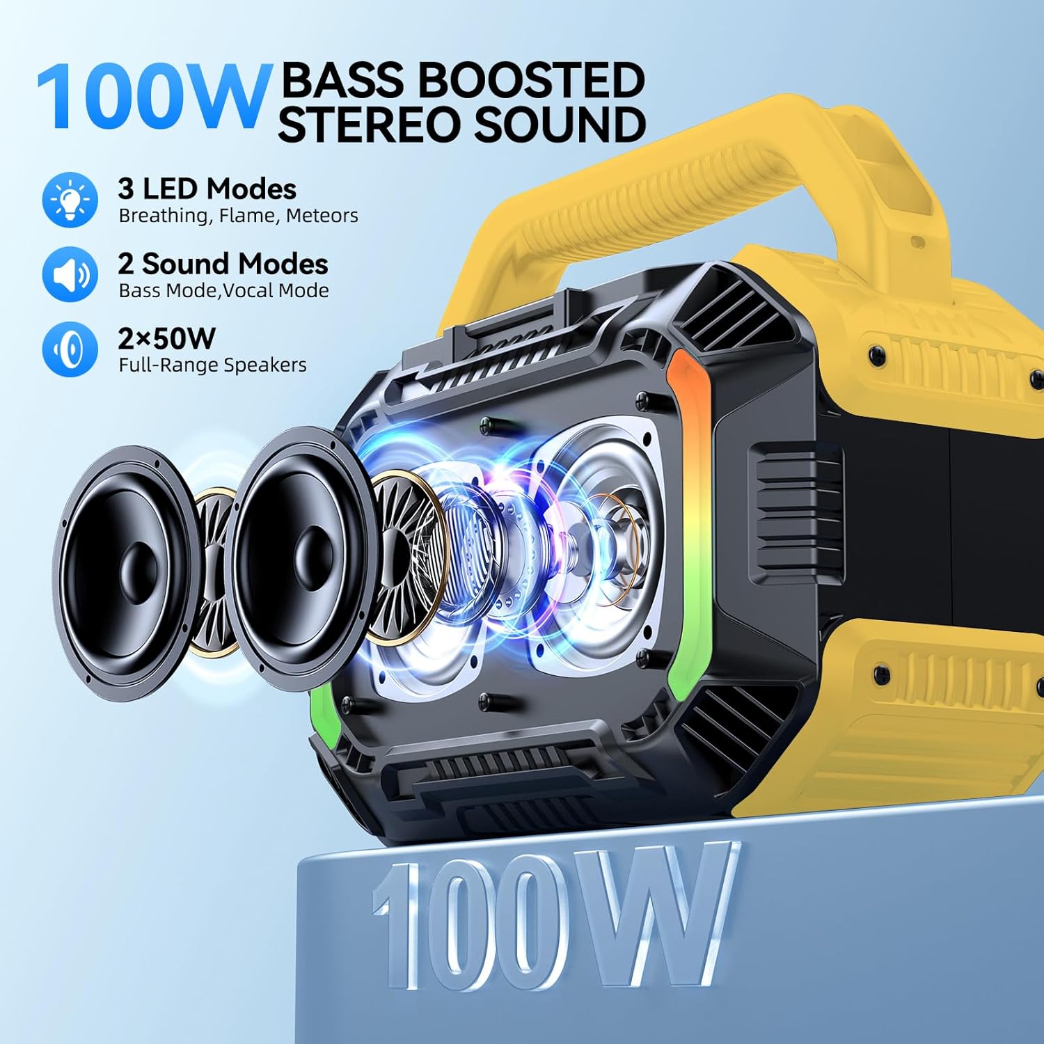 PARLANTE BLUETOOTH WILODY 100W AMARILLO RESISTENTE AL AGUA IPX7 - 2