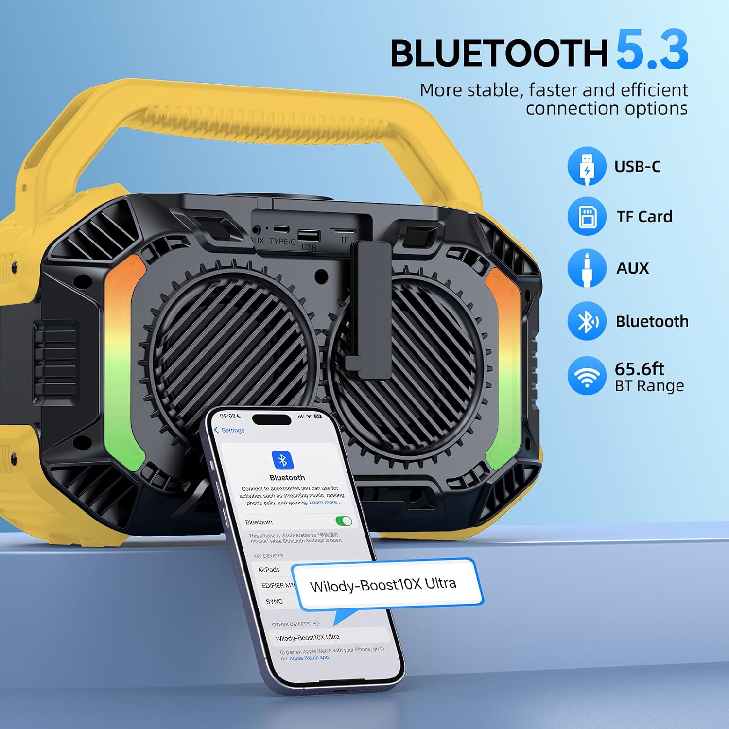PARLANTE BLUETOOTH WILODY 100W AMARILLO RESISTENTE AL AGUA IPX7 - 3