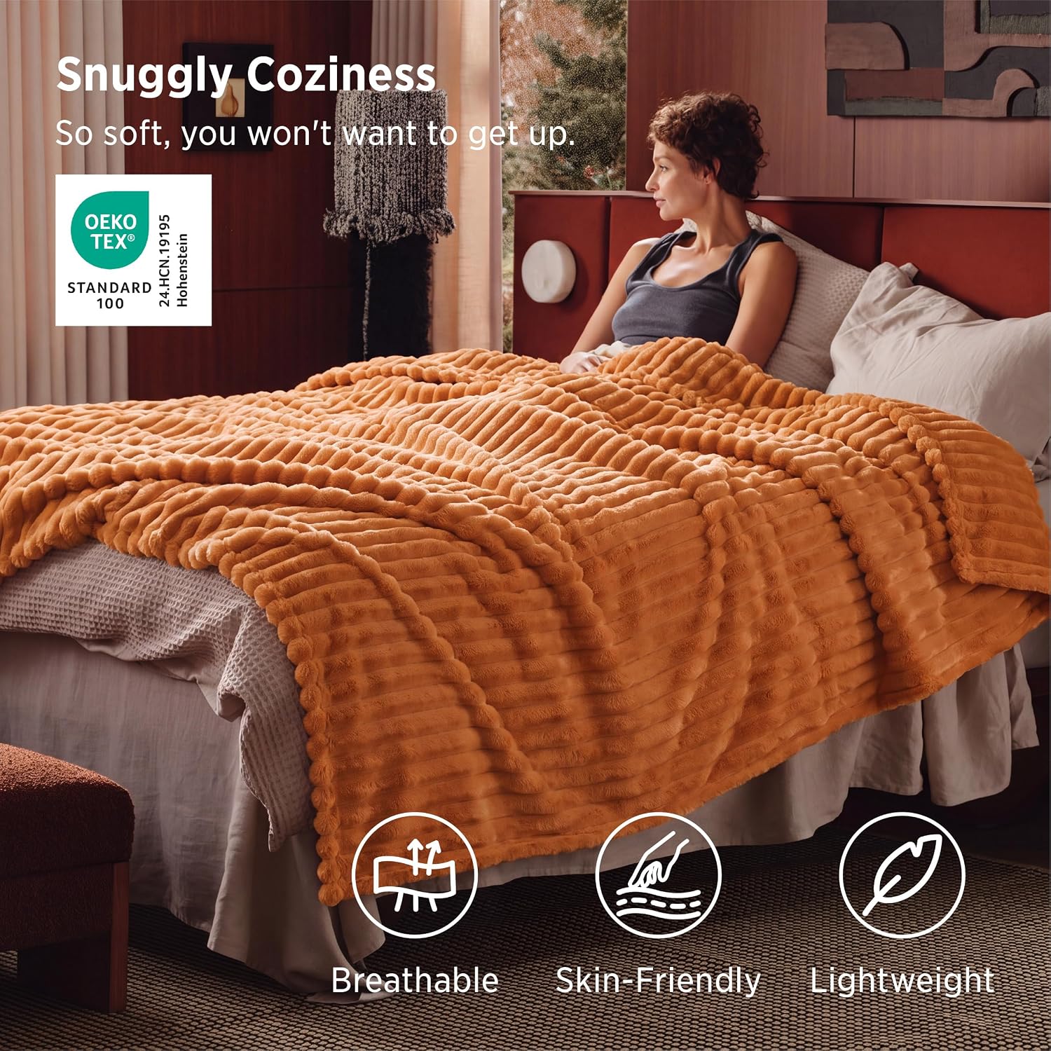 MANTA BEDSURE QUEEN SIZE NARANJA QUEMADO 90X90 PULGADAS - 3
