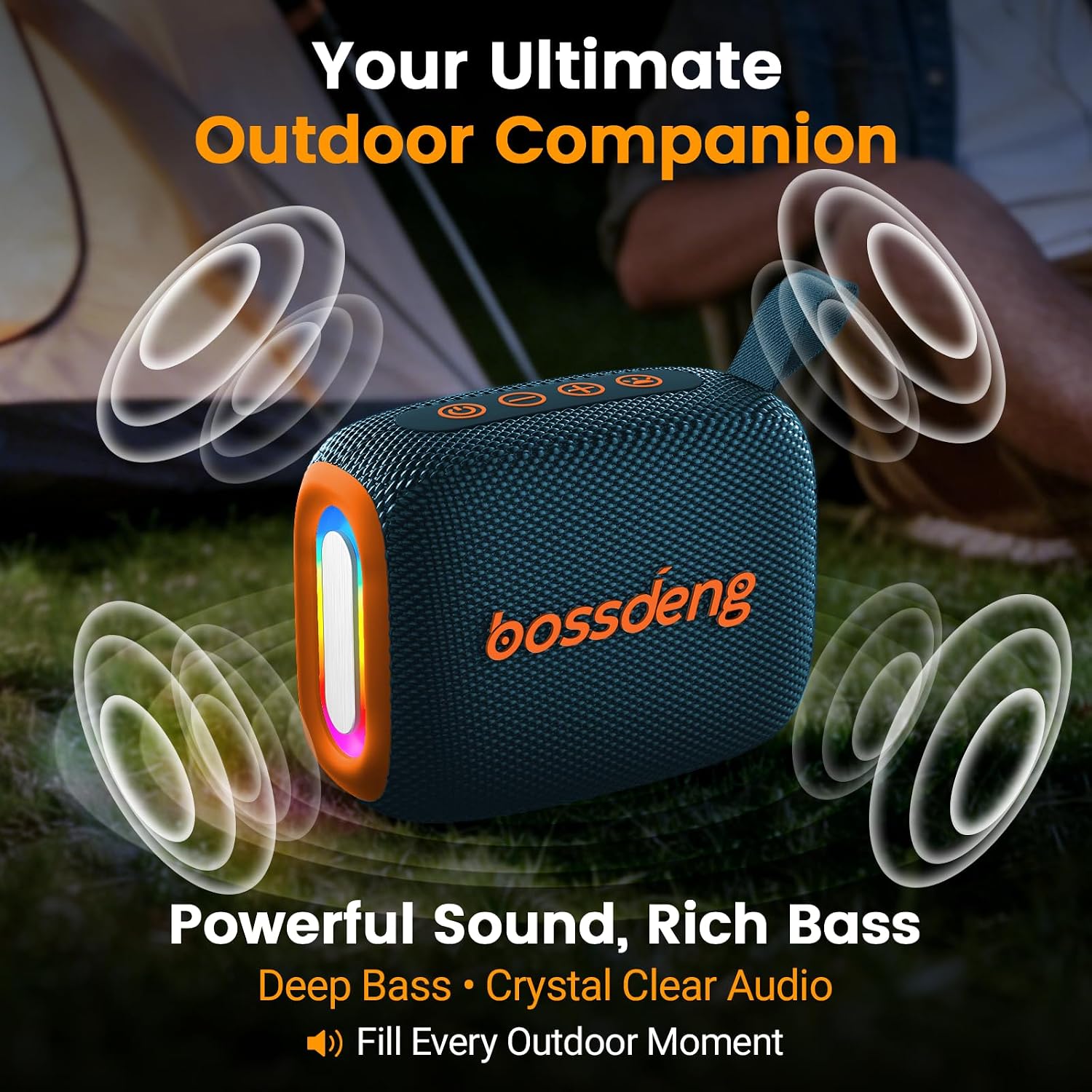 PARLANTE PORTÁTIL BLUETOOTH BOSSDENG IMPERMEABLE CON LUCES Y CORDÓN AZUL - 2
