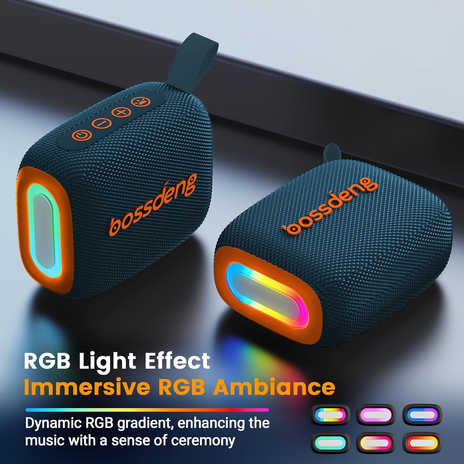 PARLANTE PORTÁTIL BLUETOOTH BOSSDENG IMPERMEABLE CON LUCES Y CORDÓN AZUL - 3