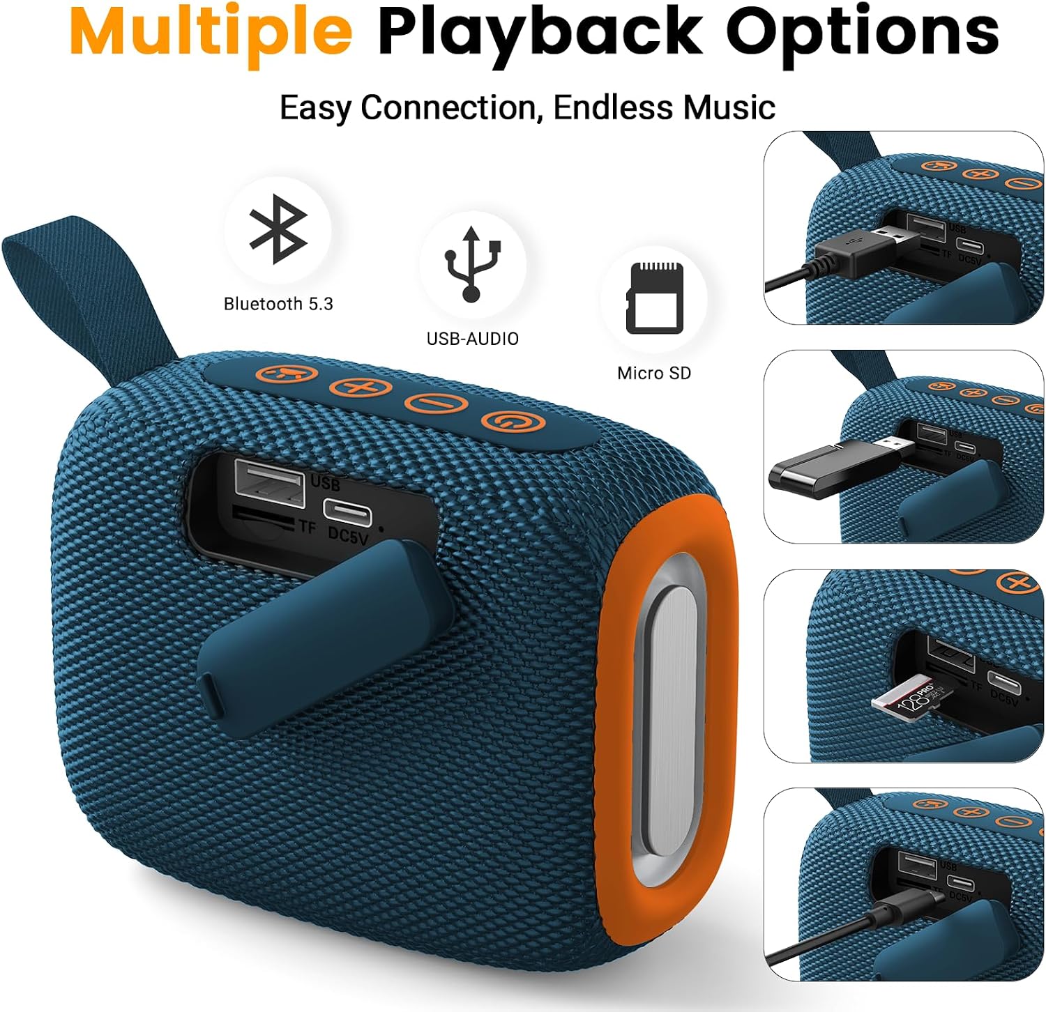 PARLANTE PORTÁTIL BLUETOOTH BOSSDENG IMPERMEABLE CON LUCES Y CORDÓN AZUL - 4