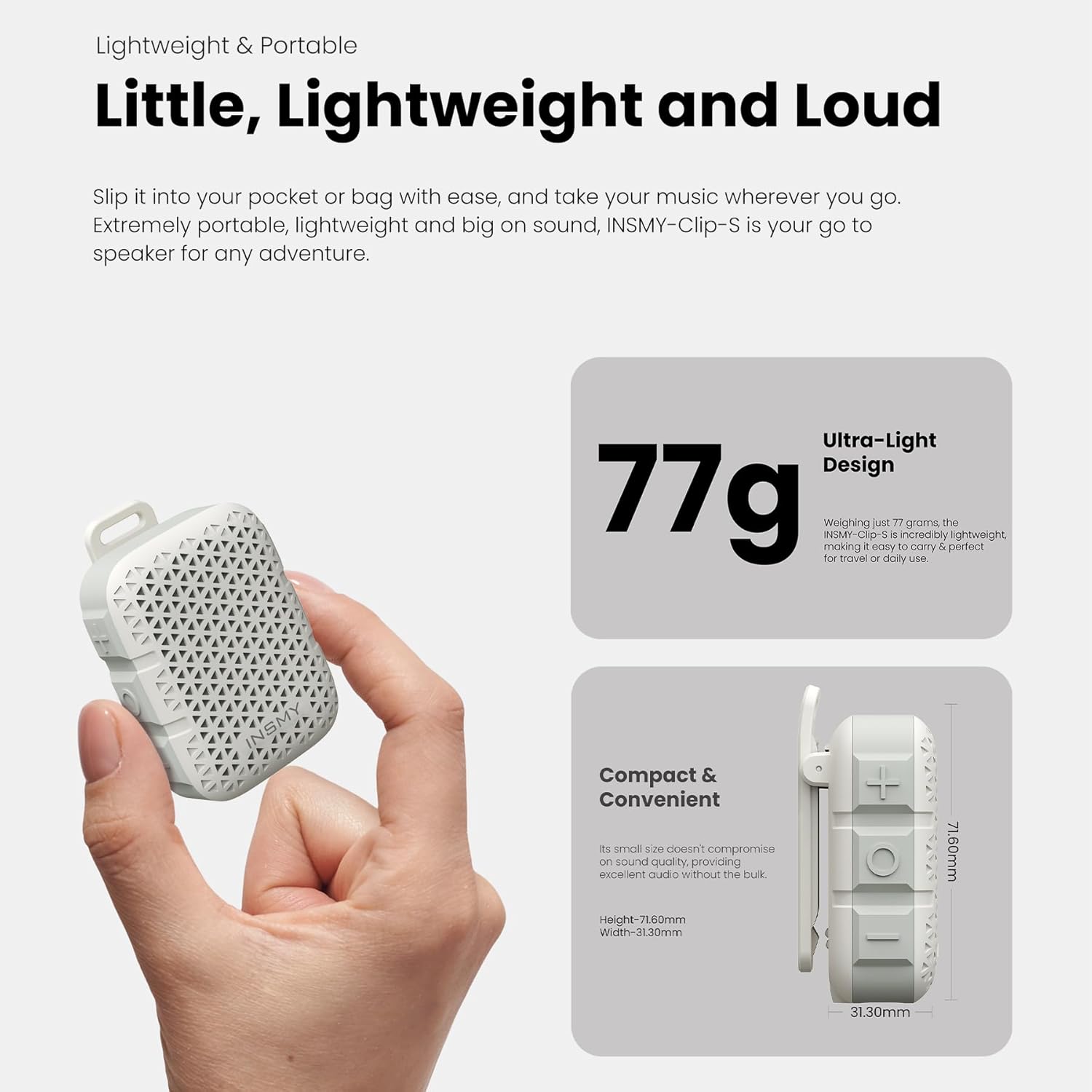 PARLANTE PORTÁTIL BLUETOOTH INSMY WEARABLE IP67 RESISTENTE AL AGUA CON CLIP - 5