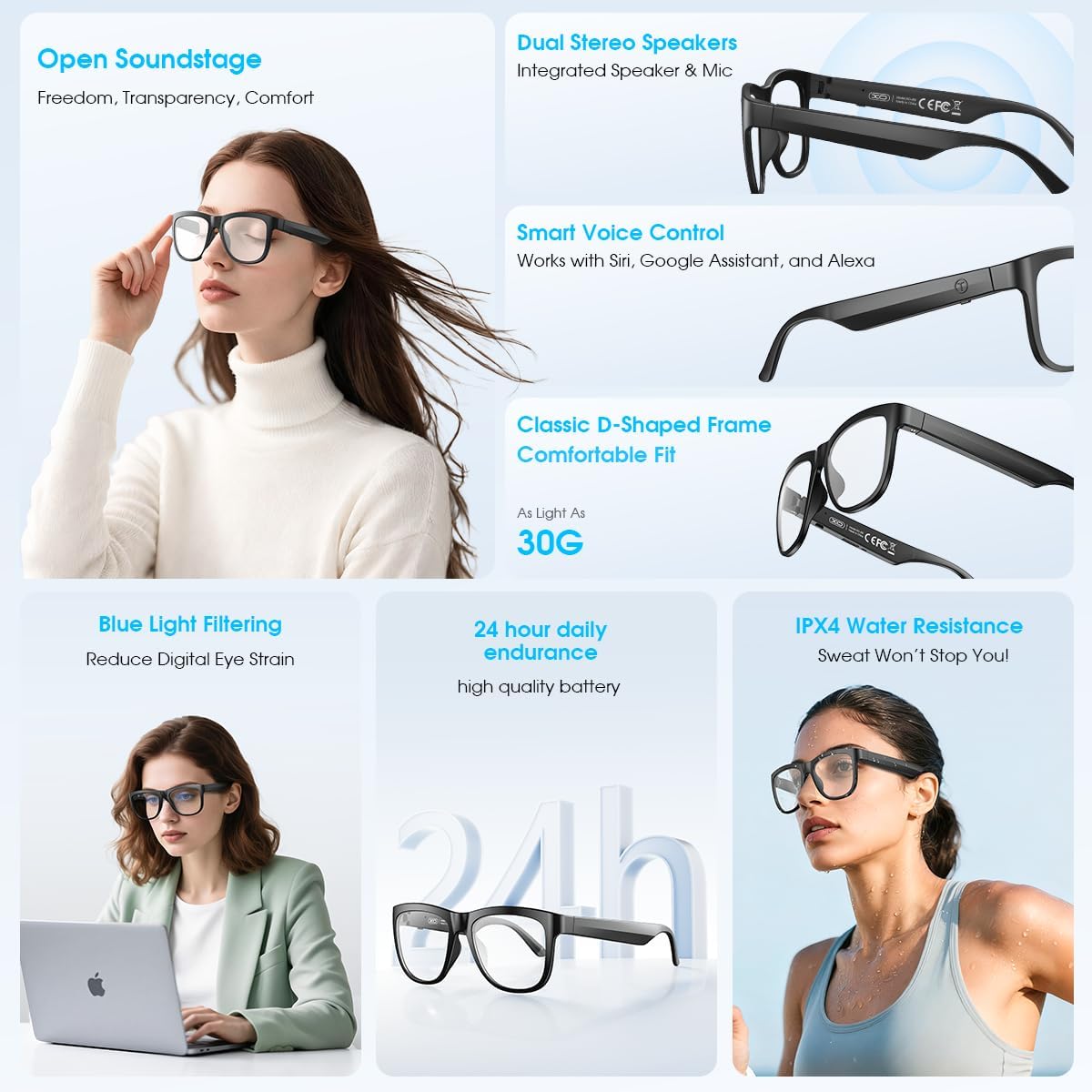 GAFAS INTELIGENTES BLUETOOTH XO CON BLOQUEO DE LUZ AZUL Y MICRÓFONO INTEGRADO COLOR AZUL - 4