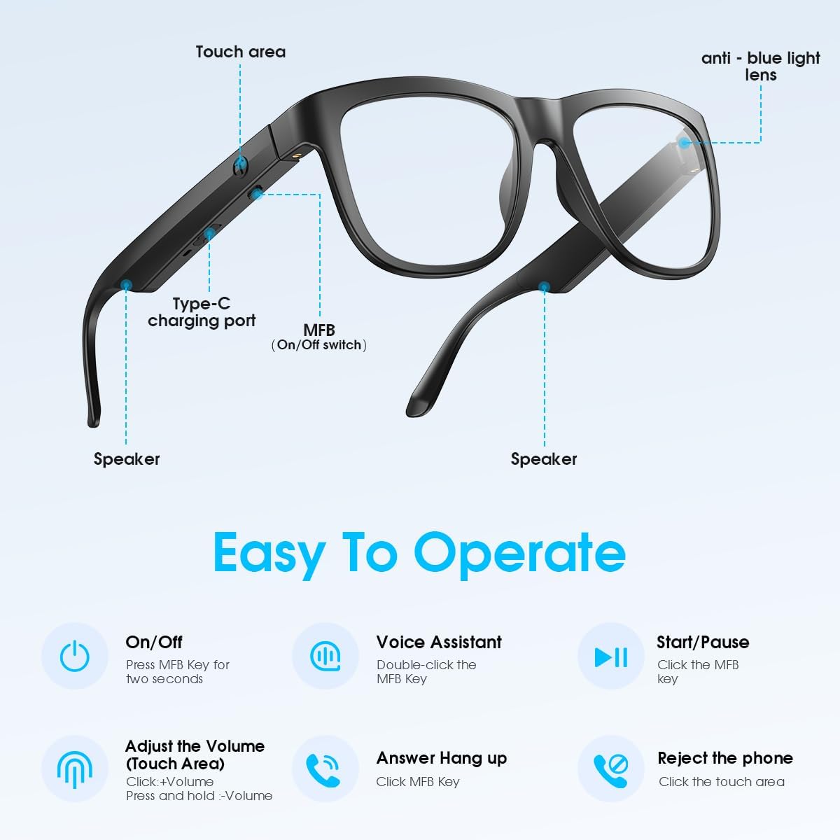 GAFAS INTELIGENTES BLUETOOTH XO CON BLOQUEO DE LUZ AZUL Y MICRÓFONO INTEGRADO COLOR AZUL - 5