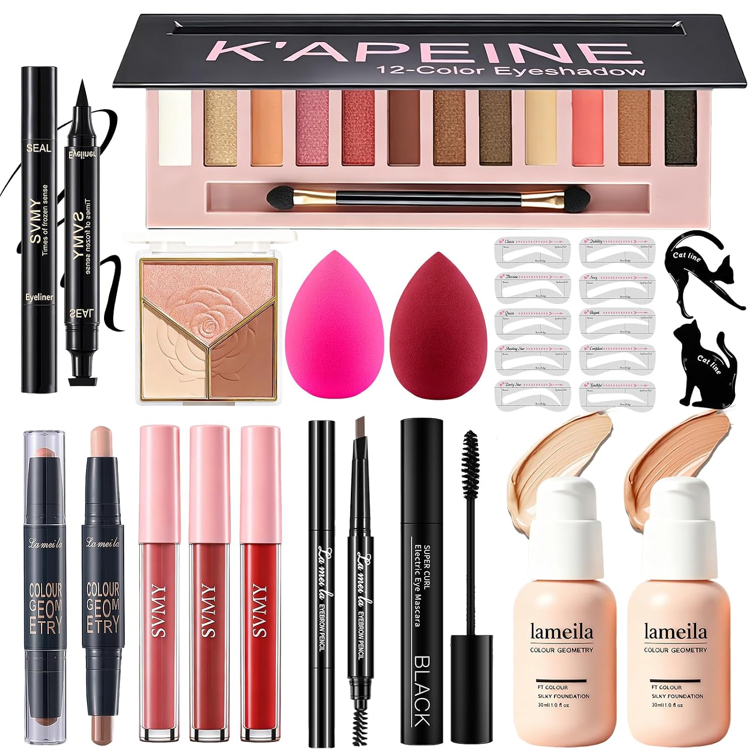 SET DE MAQUILLAJE COMPLETO SHELAKIN 12 COLORES SOMBRAS, BASE, LABIALES, DELINEADOR, MÁSCARA Y CONTORNO - 1