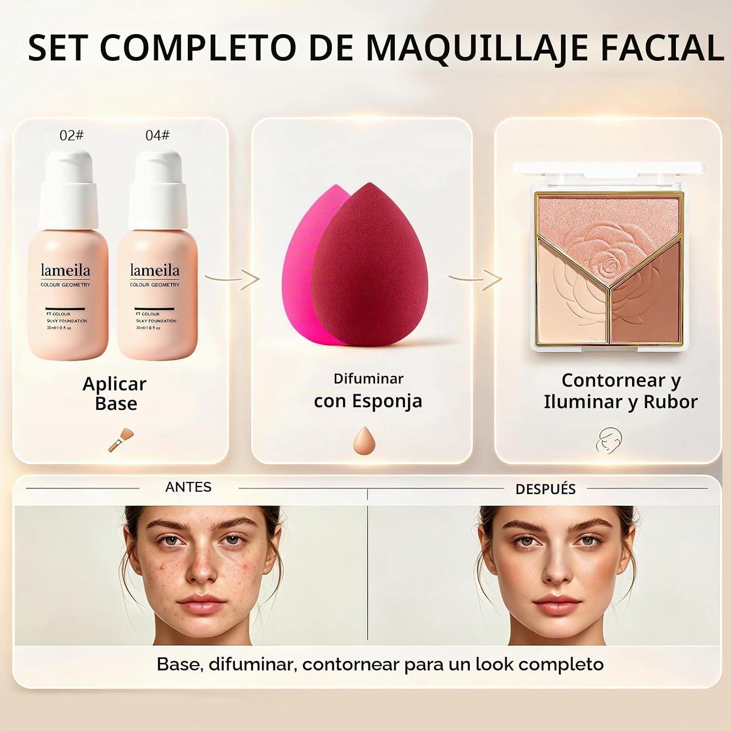 SET DE MAQUILLAJE COMPLETO SHELAKIN 12 COLORES SOMBRAS, BASE, LABIALES, DELINEADOR, MÁSCARA Y CONTORNO - 3