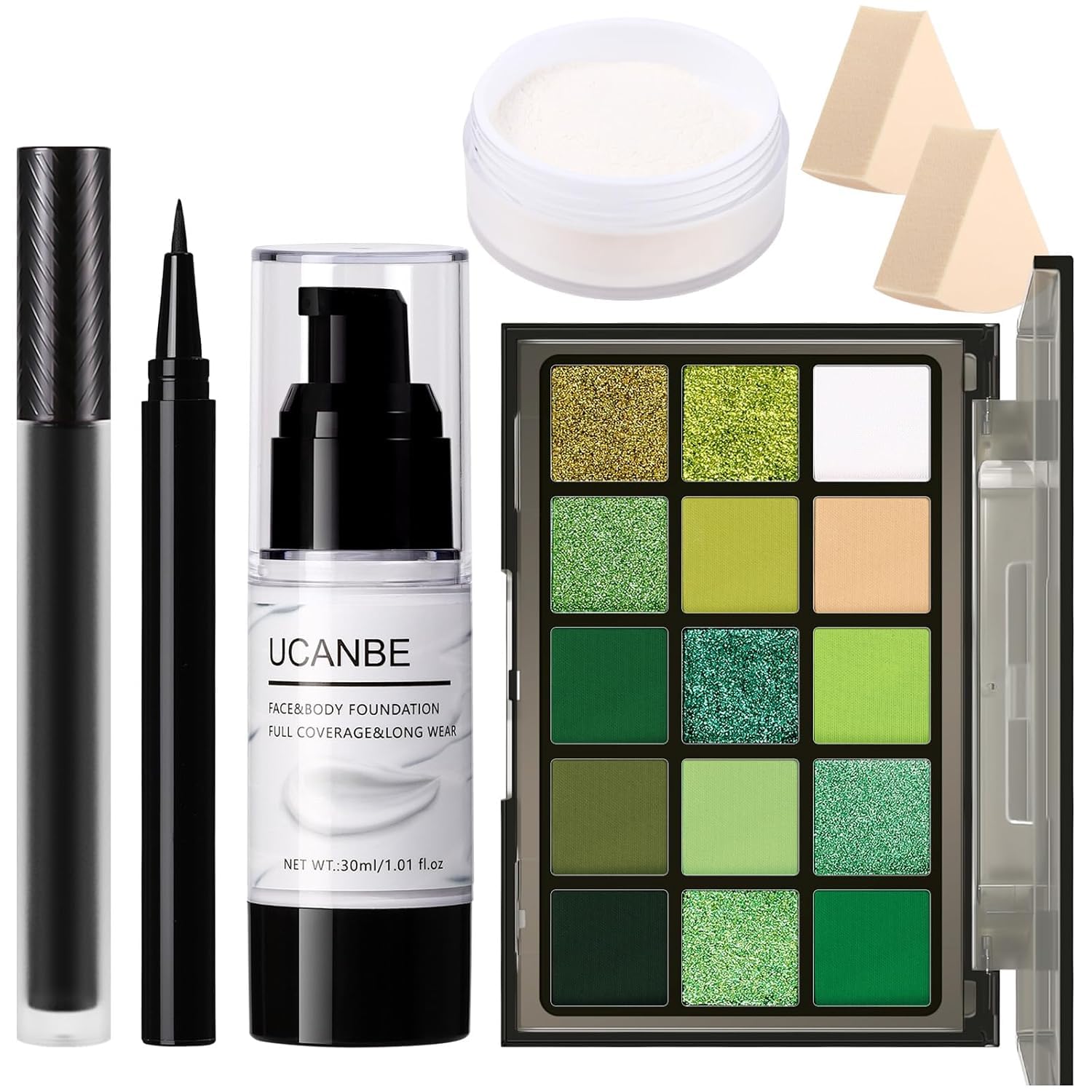 SET DE MAQUILLAJE UCANBE HALLOWEEN EDICIÓN VERDE CON PALETA DE 15 SOMBRAS, BASE LÍQUIDA BLANCA, LABIAL Y DELINEADOR NEGRO, POLVO - 1